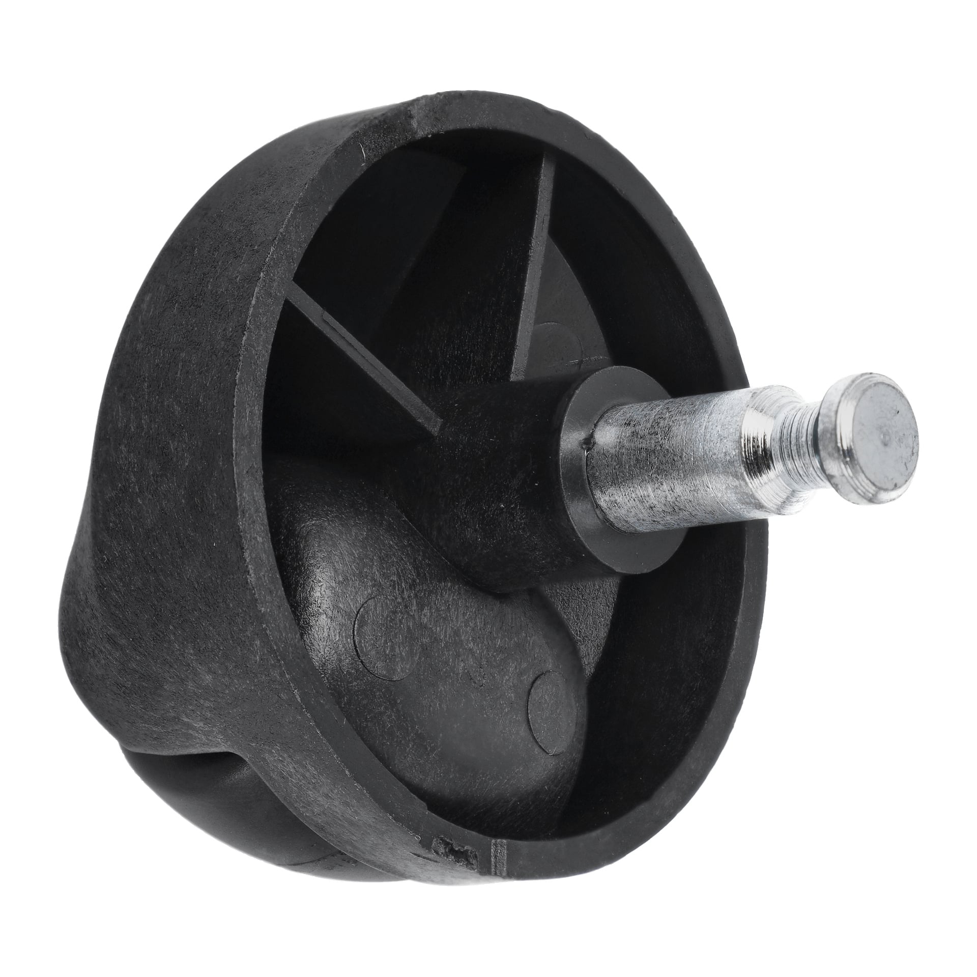 Wall Wheel F. 025972 har en svart plastgjuta med inre åfflor och en gängad metallstam.