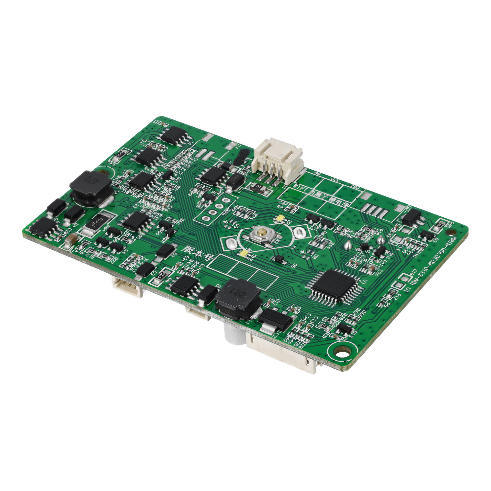 Huvudkretskort F. 025972: grönt kretskort med svarta chip, kondensatorer, kontakter och diverse elektroniska komponenter anslutna.