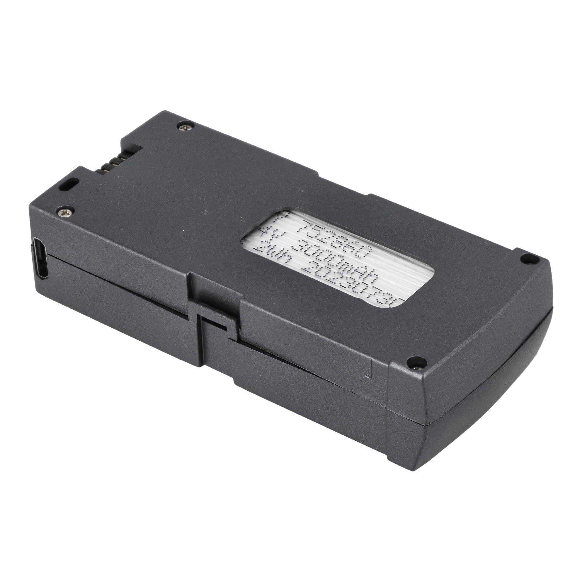 Battery Drone 4K 025962 är ett svart rektangulärt batteripaket med spännings-/kapacitetsdisplay, USB-port och metallterminaler.