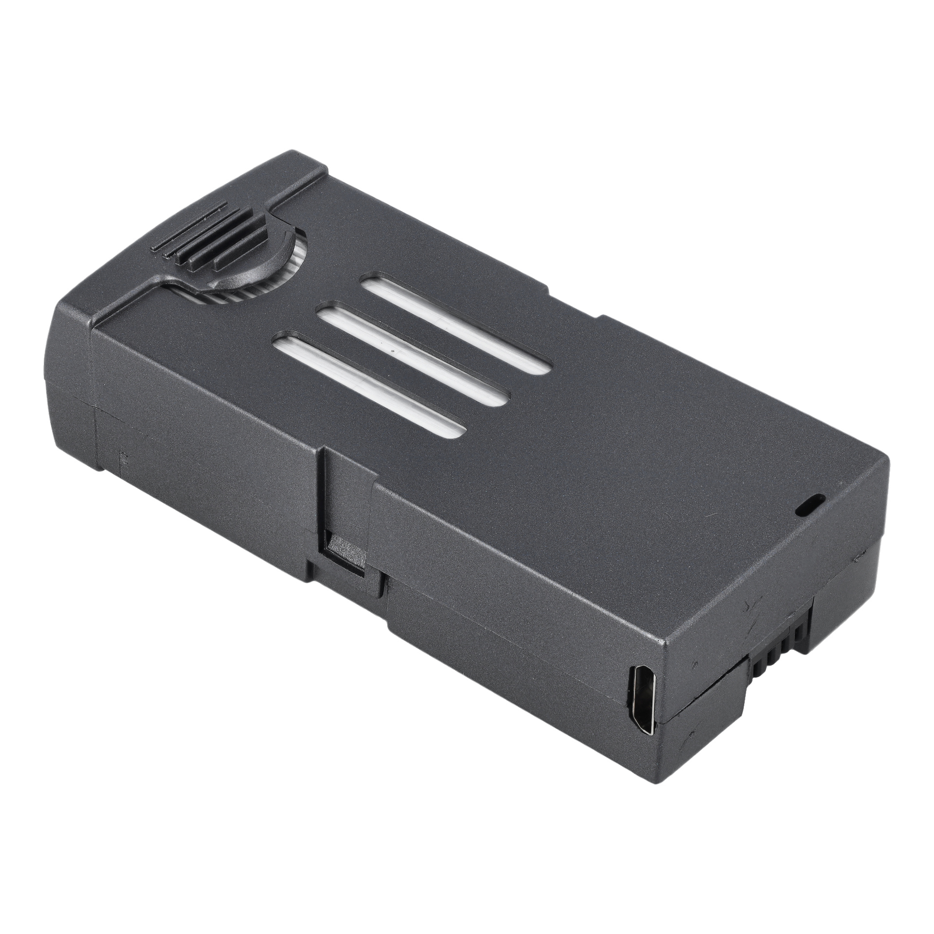 En svart rektangulär Battery Drone 4K 025962 med en räfflad utlösarknapp, tre övre ventiler och en liten laddningsport på sidan.