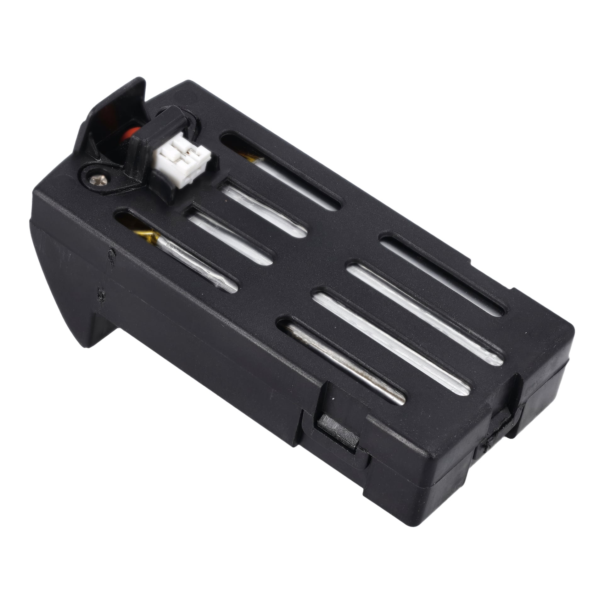 Battery Drone 1080P 024785 er en svart rektangulær pakke med ventilerte spor, hvit kontakt og røde og svarte ledninger.