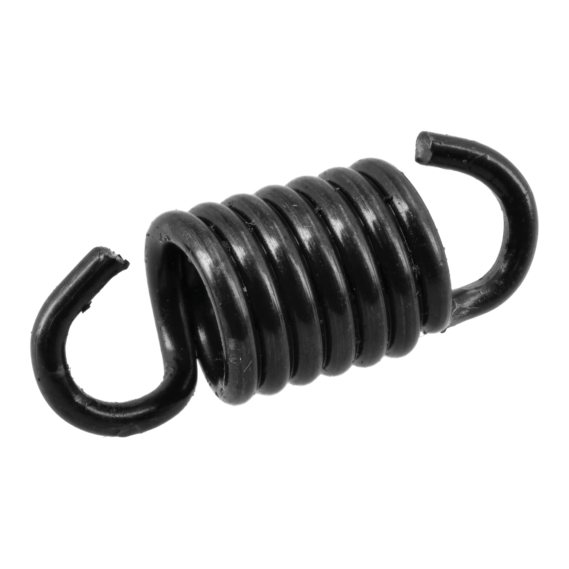 En närbild av Spring F. 003263, en svart metallfjäder med spiralspänning och krokar i båda ändarna.