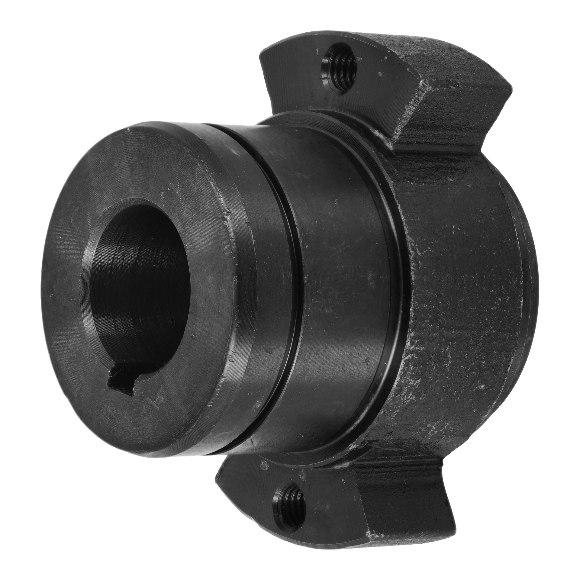 Närbild av Shaft Coupler Disc F. 003263, en svart metallkoppling med ett mitthål, nyckelspår och två bulthål.