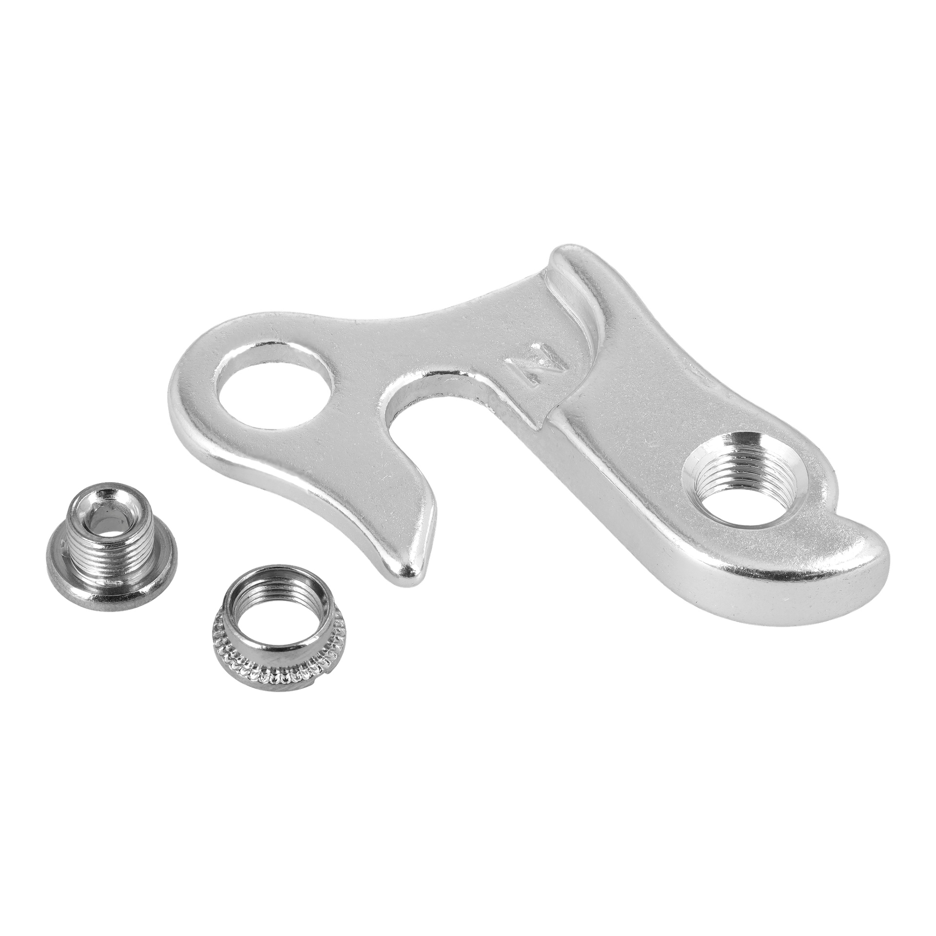 Derailleur Hanger F. 024032 är en metallcykeldel med två små gängade insatser, visade med alla sina komponenter.