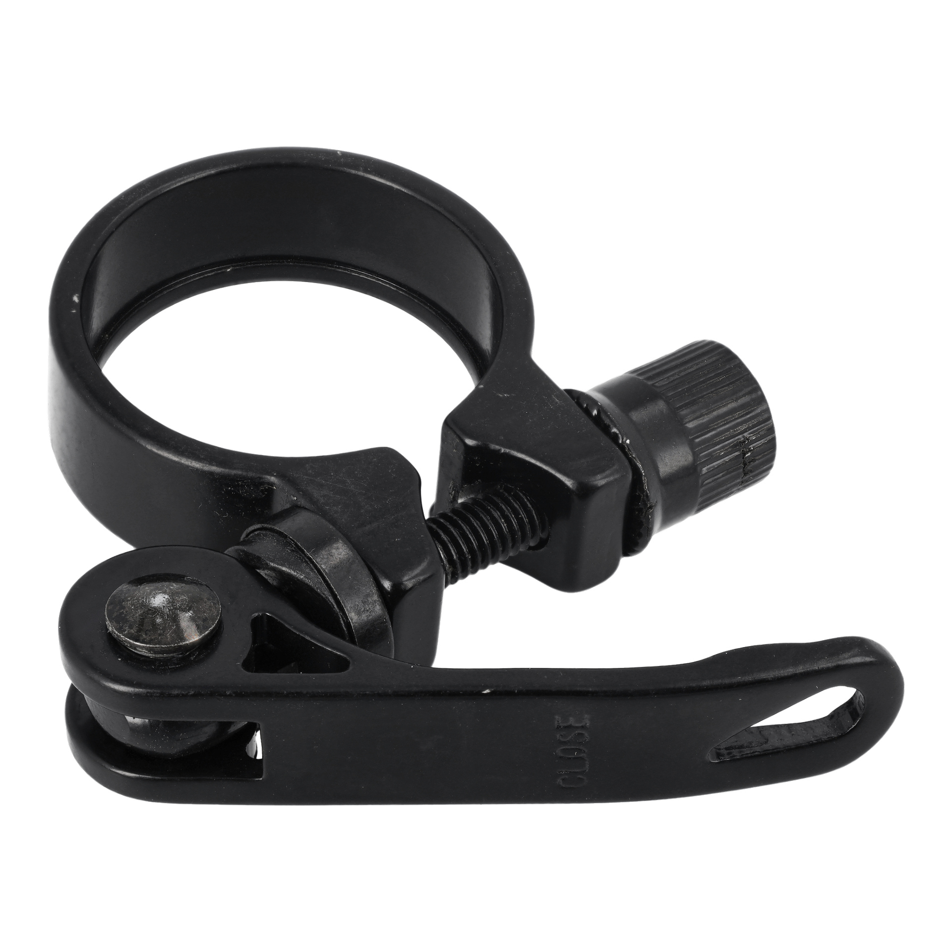 Saddle Clamp F. 024032 är en svart cykelsadelstolspämma med snabbutlösarspak och åtdragningsbult.