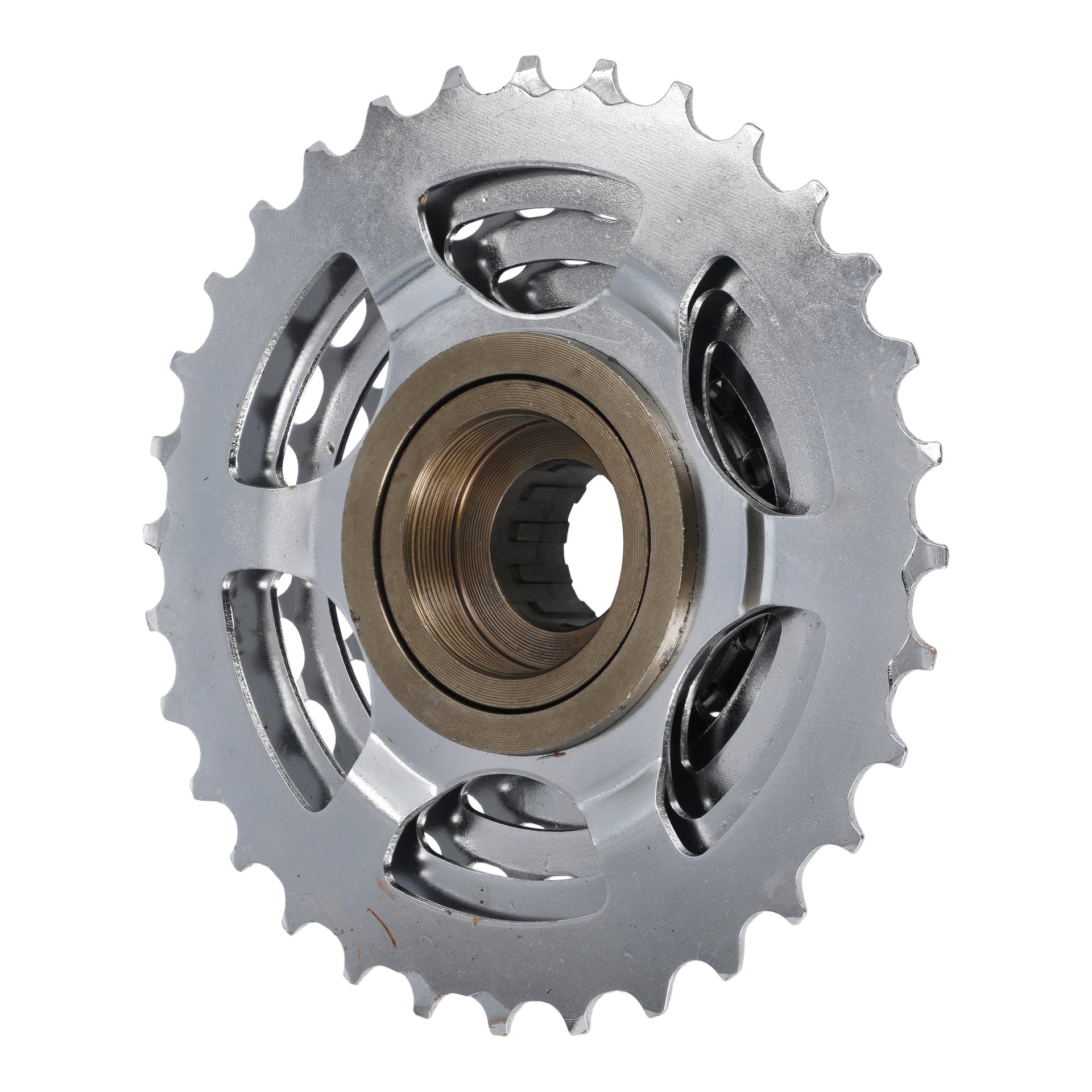 En detaljerad vy av frihjulsfälgen T.024032 visar dess tandade metallkugghjul, gängade nav och intrikata spår och utskärningar.