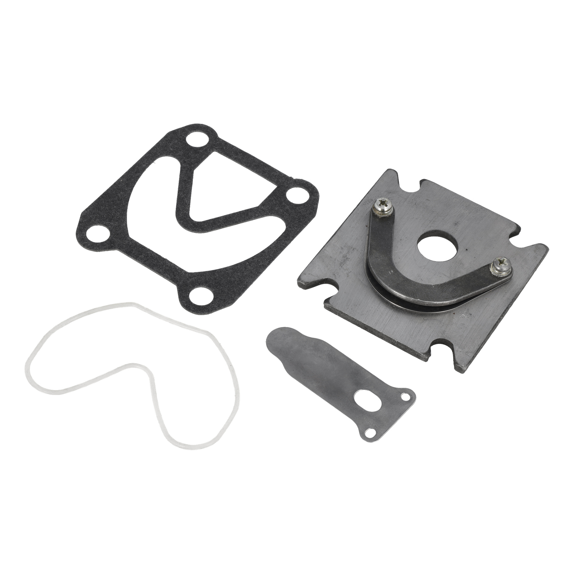 Ventilplåt Cpl T. 013515 består av fyra delar: en svart packning, en fyrkantig metallbit med böjd sektion, tunn vit packning och en platt metalldel.