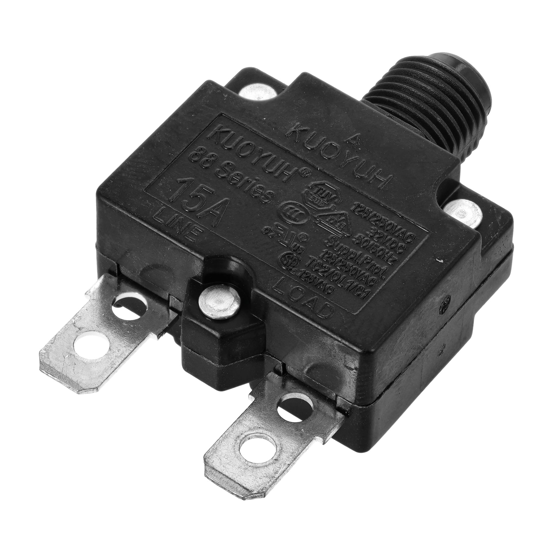 Svart automatisk säkring T.013515, 15A säkring med metallterminaler för LINE och LOAD, översta tryckknapp och specifikationer tryckta på den.