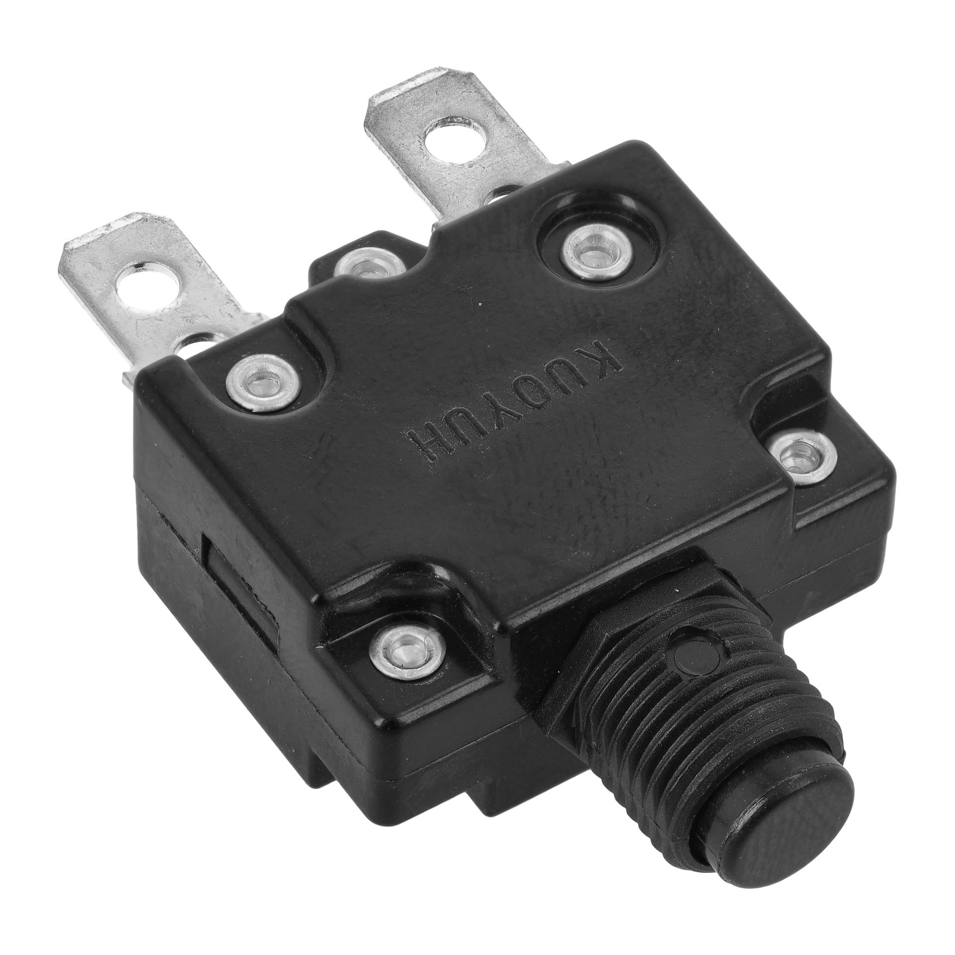 Automatisk säkring T.013515, en svart säkring, inkluderar en återställningsknapp och metallterminaler.