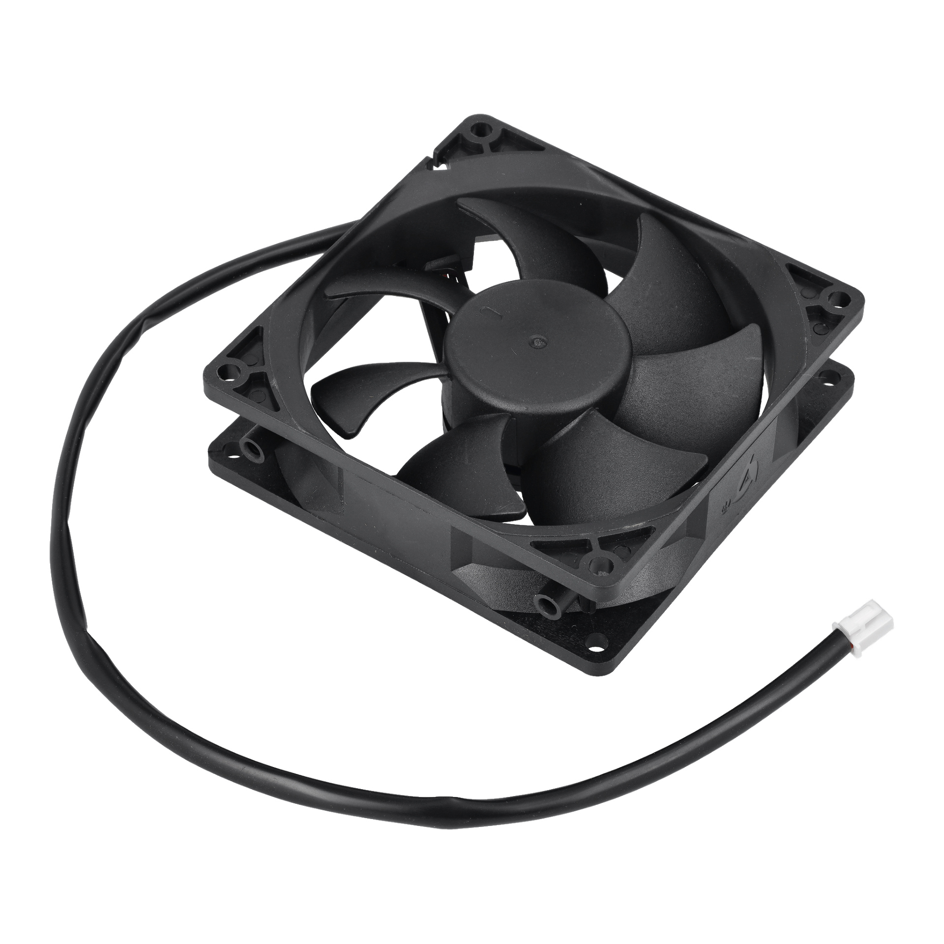 Fan Pos.14 är en svart datorkylfläkt med fem blad, fyrkantig ram och en ansluten kabel med kontakt.