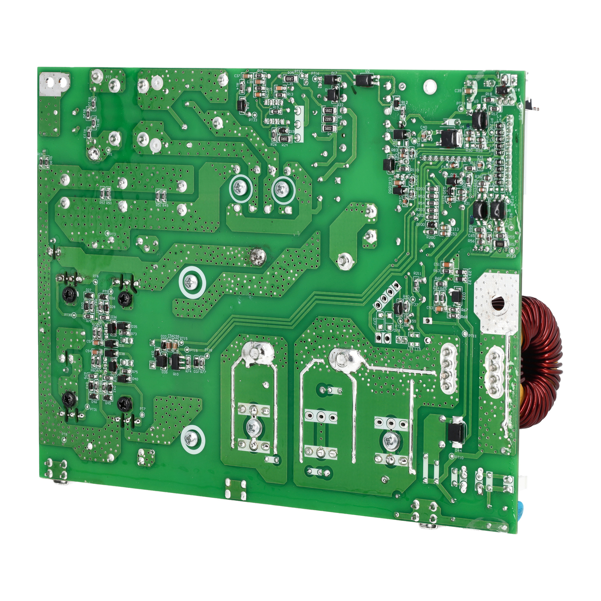 Ett grönt kretskort med elektroniska komponenter, synliga banor, kontakter och en utmärkande röd spole på höger sida.