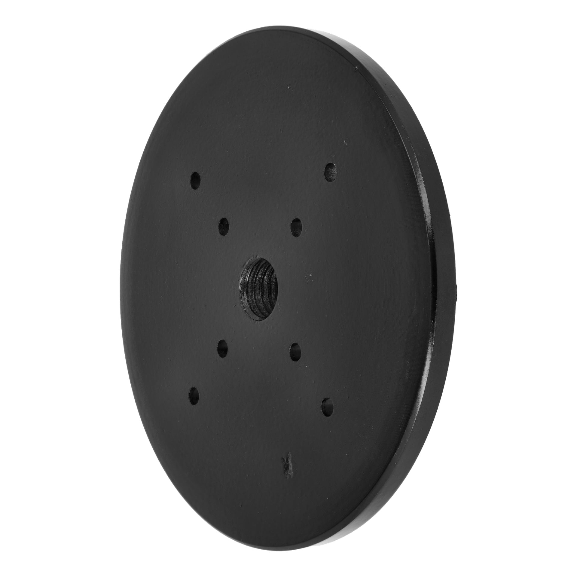 Frontplatta T. 022936: svart, rund metallplatta med ett centralt gängat hål, åtta jämnt fördelade mindre hål, matt finish.