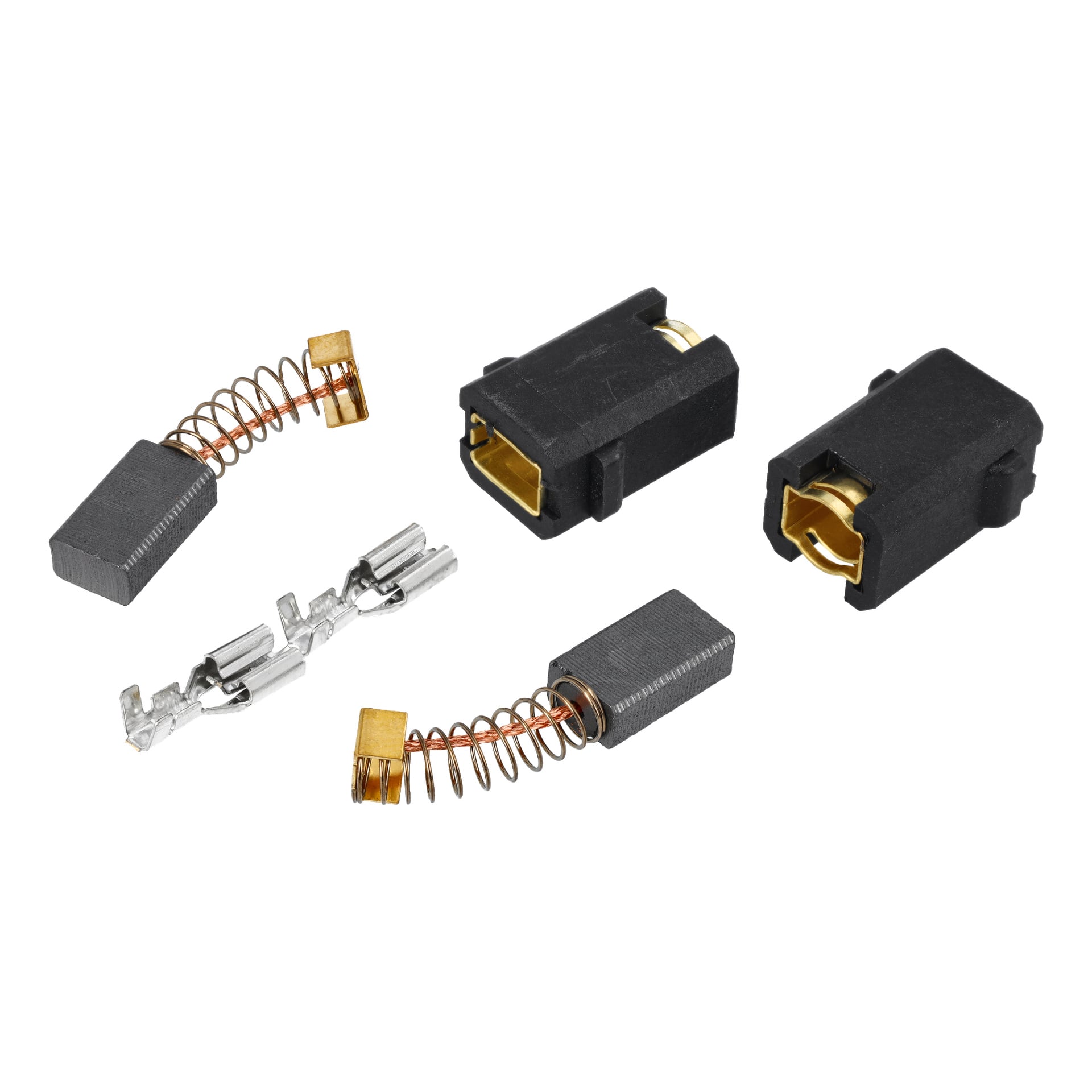 Carbon Kit W. Holder T.004841 zawiera szczotki węglowe ze sprężynami, czarne uchwyty na szczotki ze złotymi złączami oraz metalowe zaciski.