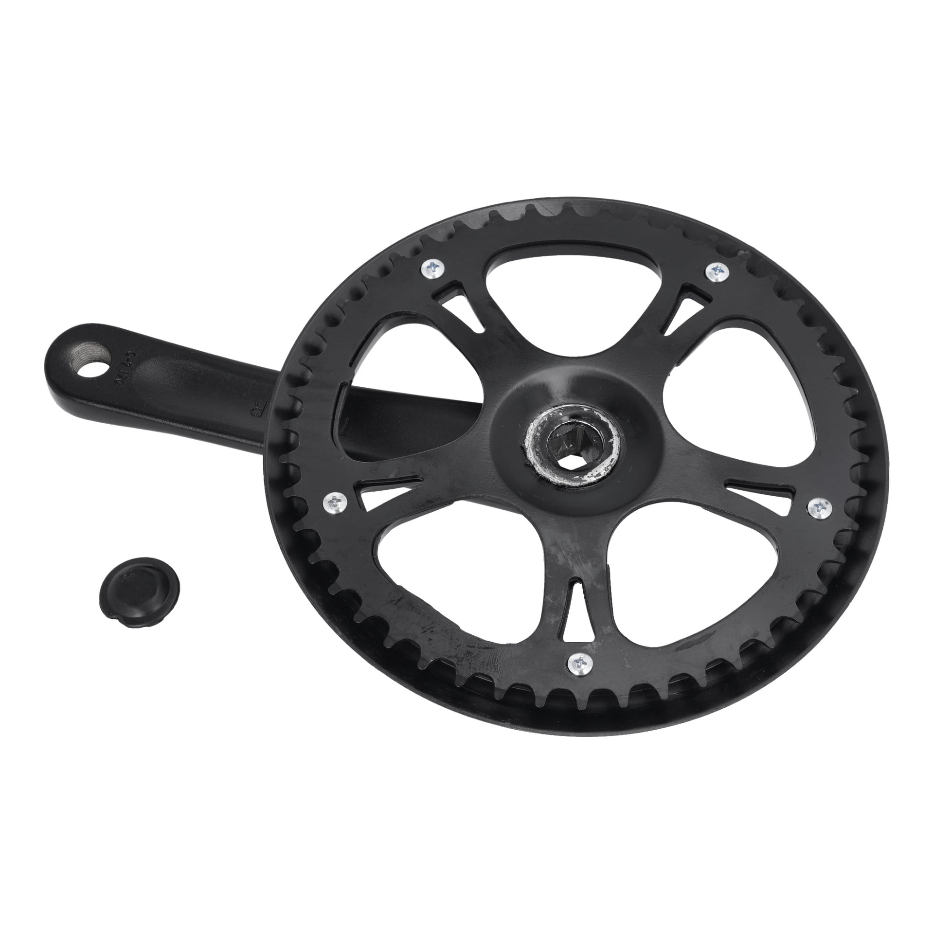 R Crank Arm W. Drive T.024032 sisältää mustan viisipuokan, jossa on yksi kampivarsi ja erillinen muovinen korkki, ylhäältä kuvattuna.