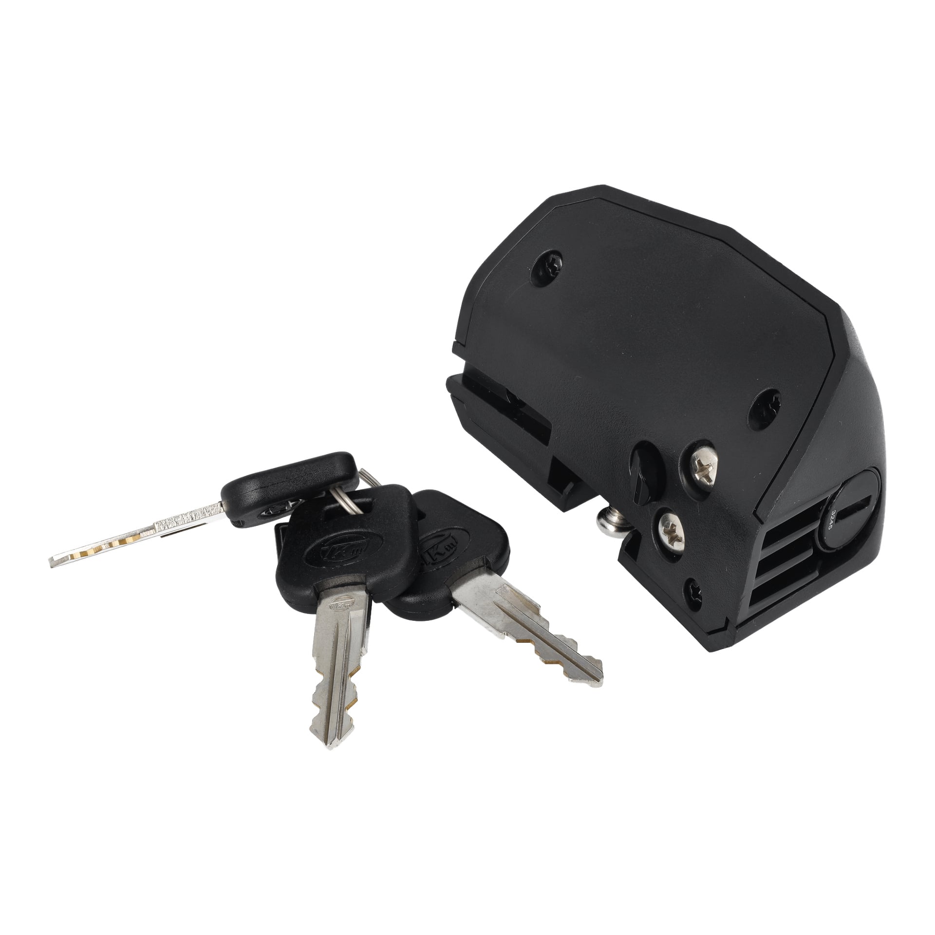 Svart batterilås W.Keys T.024032 vises ved siden av to sølvfargede nøkler med svarte plasthoder.