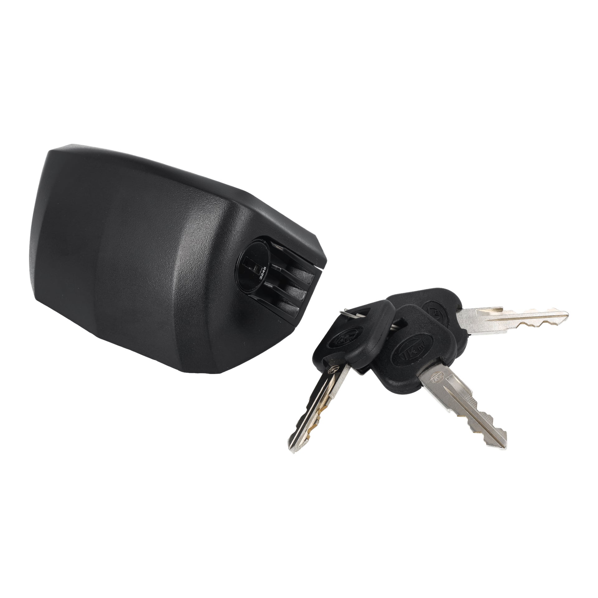 Den svarte batterilåsen W.Keys T.024032 med åpent rom står ved siden av tre sølvfargede nøkler med svarte plasthode.
