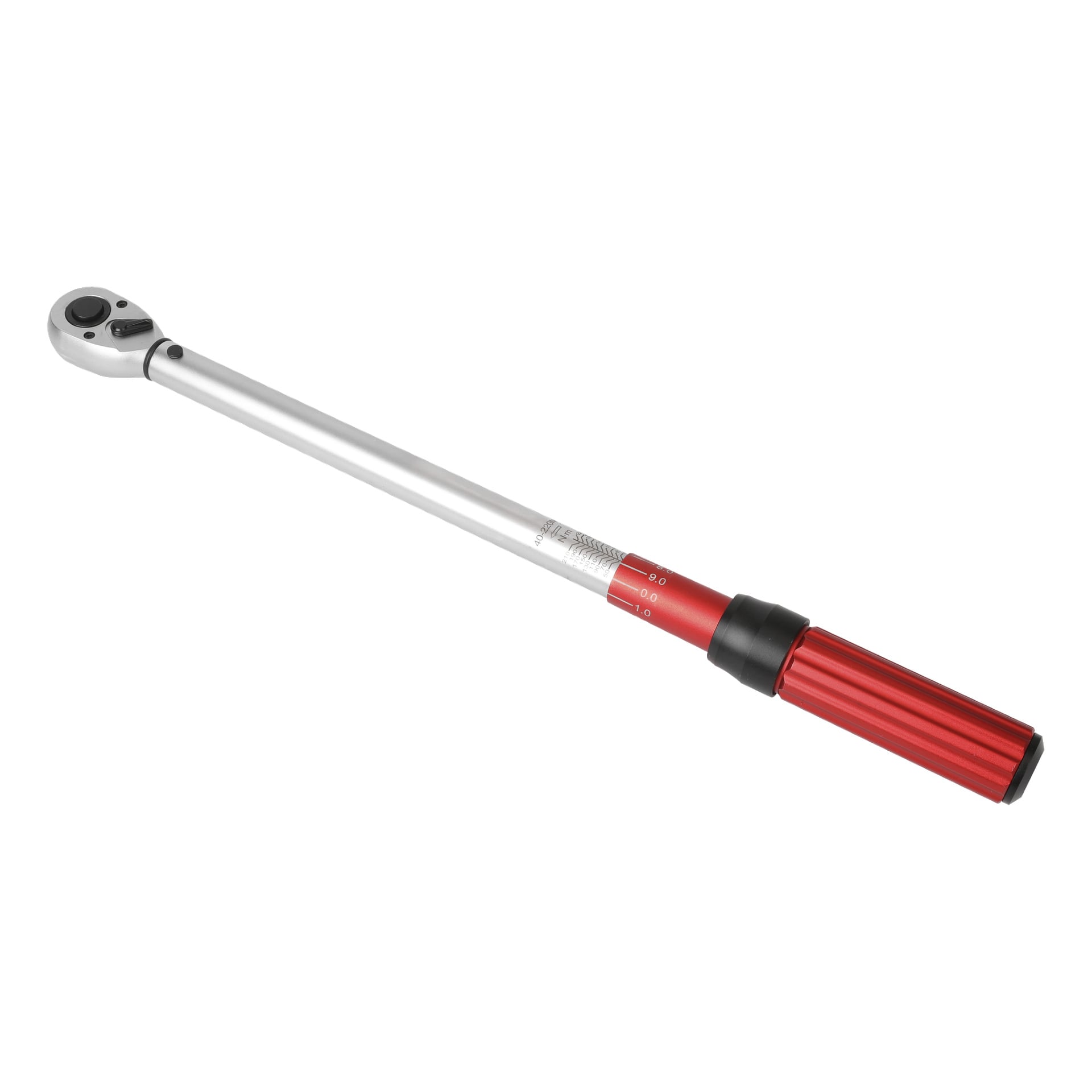 Ein Meec Tools Drehmomentschlüssel mit einem langen silbernen Griff und einem roten verstellbaren Griff, der Messmarkierungen nahe der Basis zeigt.