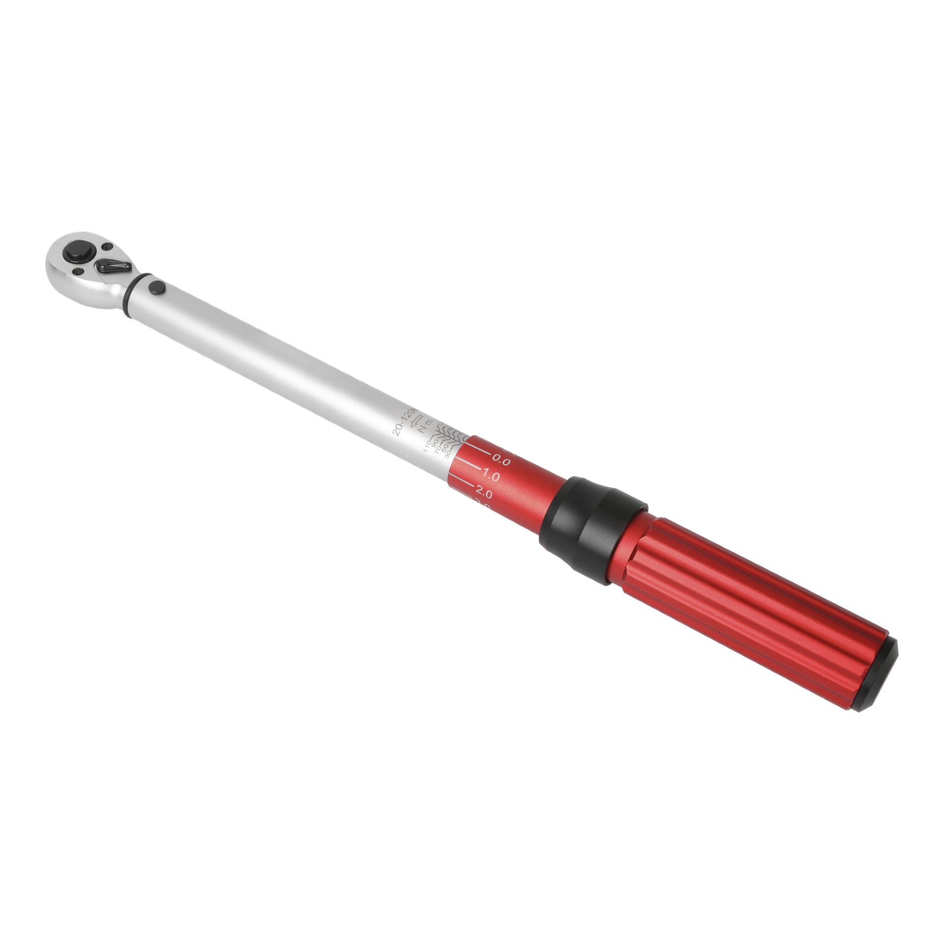 Meec Tools Torque Wrench har ett rött handtag, justerbar skala och en silverfärgad metallaxel med tydliga mätmarkeringar. Dess huvud är utrustat med en spärrmekanisme för att hjälpa till att dra åt bultar och muttrar till specifika vridmomentnivåer.