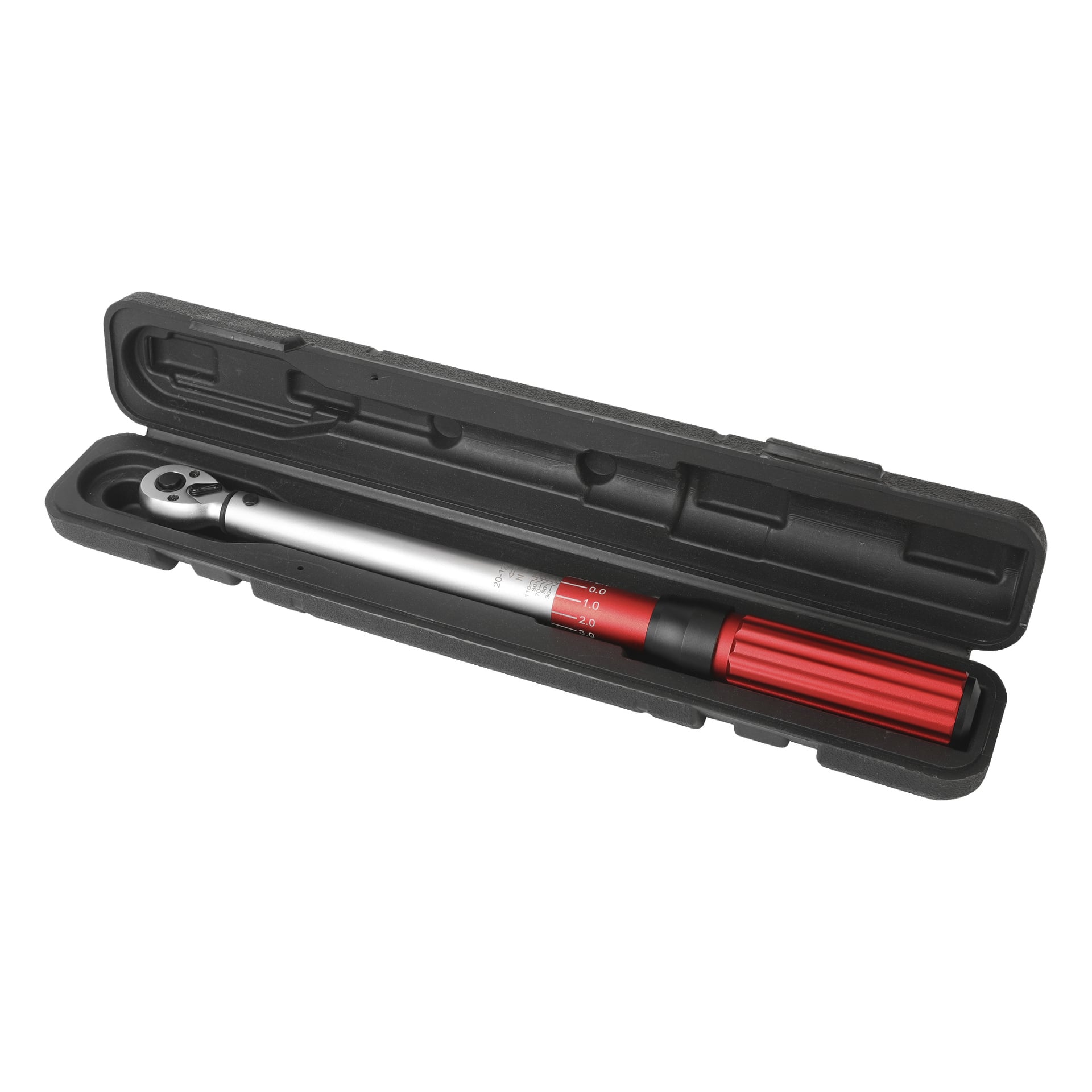 En Meec Tools momentnyckel med rött handtag vilar inuti en öppen svart bärväska, vilket avslöjar både skiftnyckeln och dess avsedda förvaringsfack.