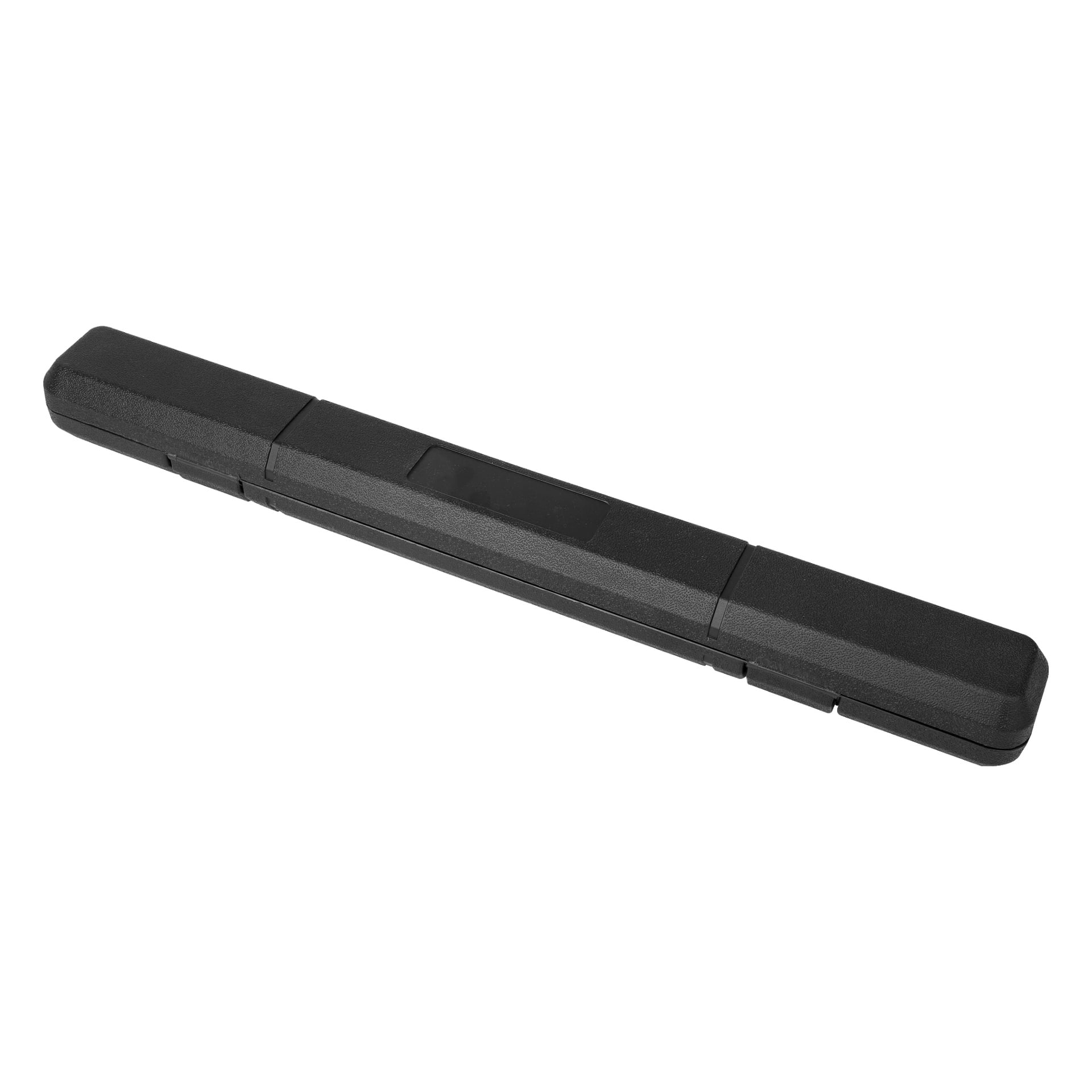Ein langes, rechteckiges schwarzes Kunststoffgehäuse von Meec Tools, das zur Aufbewahrung eines Drehmomentschlüssels gebaut wurde, scheint geschlossen zu sein, wobei der Verschluss deutlich sichtbar ist.