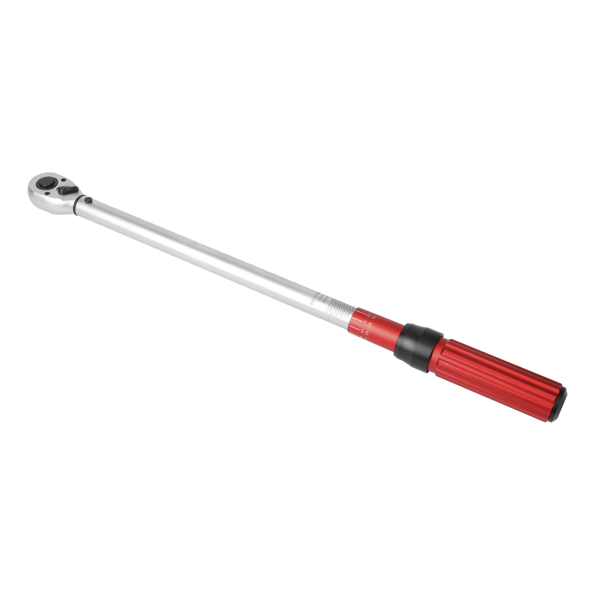 Ein Momentschlüssel von Meec Tools mit langem silbernen Griff, rotem verstellbarem Griff und Messmarkierungen am unteren Rand. Das Werkzeug verfügt über einen Ratschenkopf für präzises Anziehen der Schrauben und so das Drehmoment.