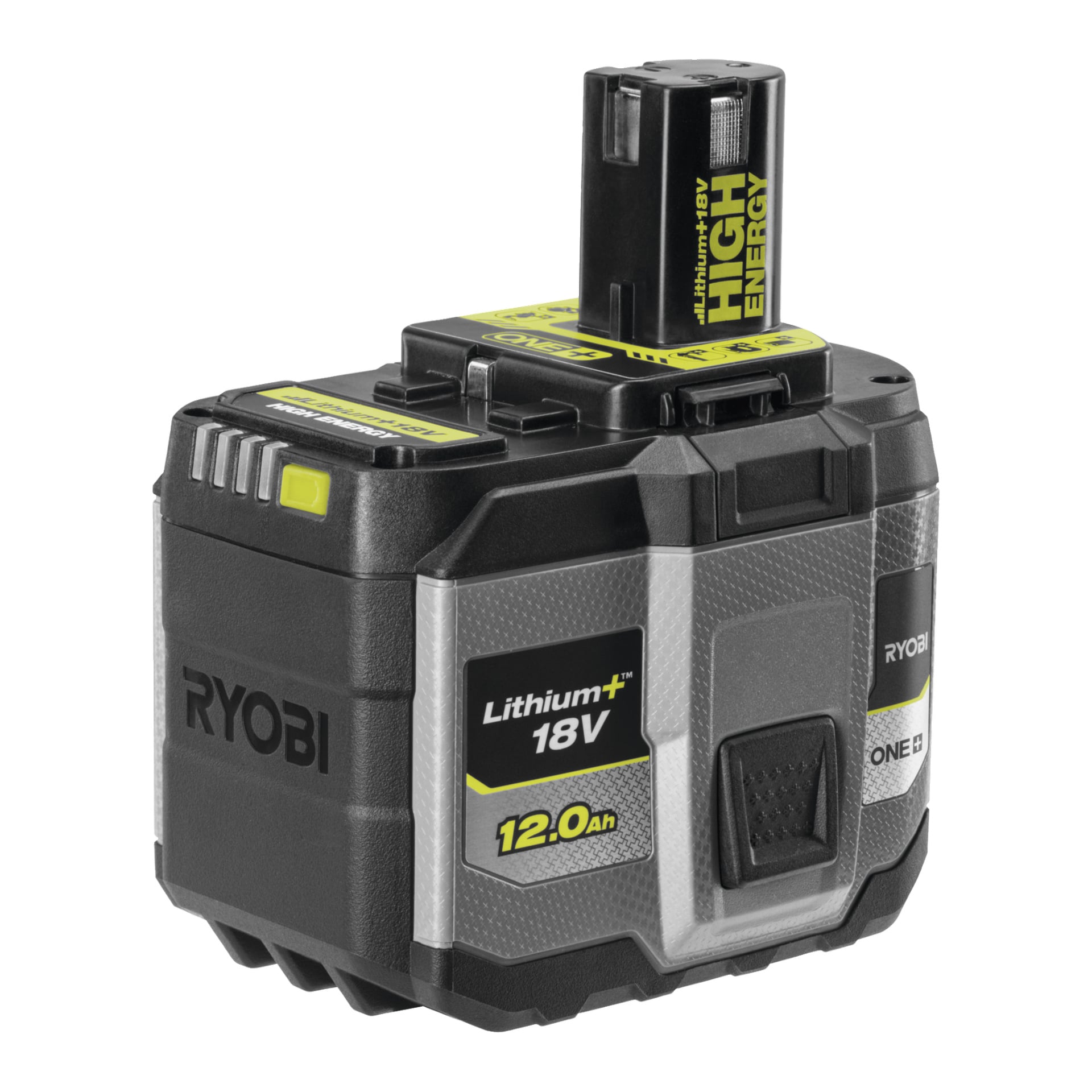 Ryobi One+ Battery High Energy RB18120T er et svart og grått 18V litium-ion 12,0Ah oppladbart batteri for elektriske verktøy, merket "High Energy" og "Lithium+".