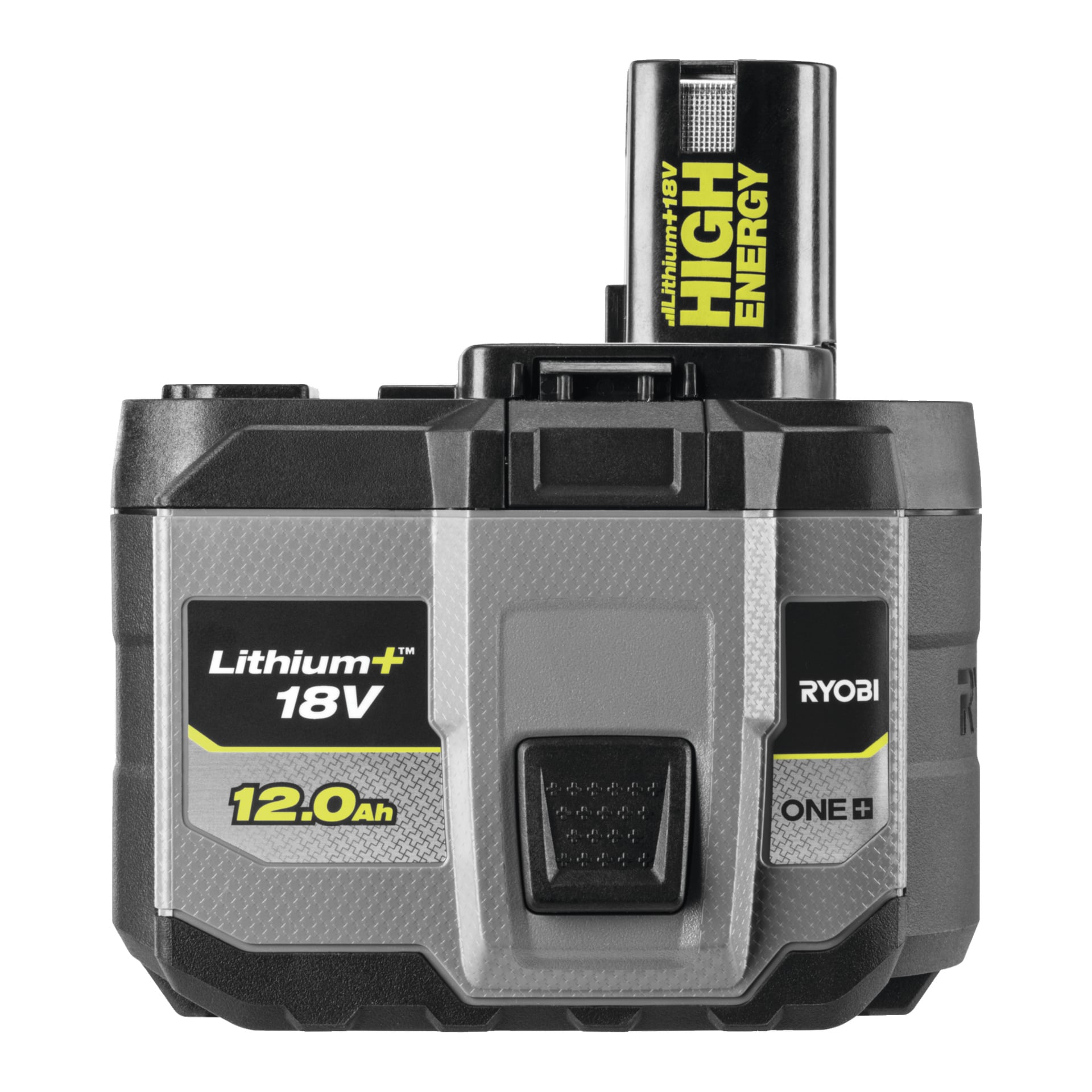 En Ryobi One+ Battery High Energy RB18120T med "High Energy" trykt på toppcellen. Kabinettet er grått og svart med gul og hvit tekst.