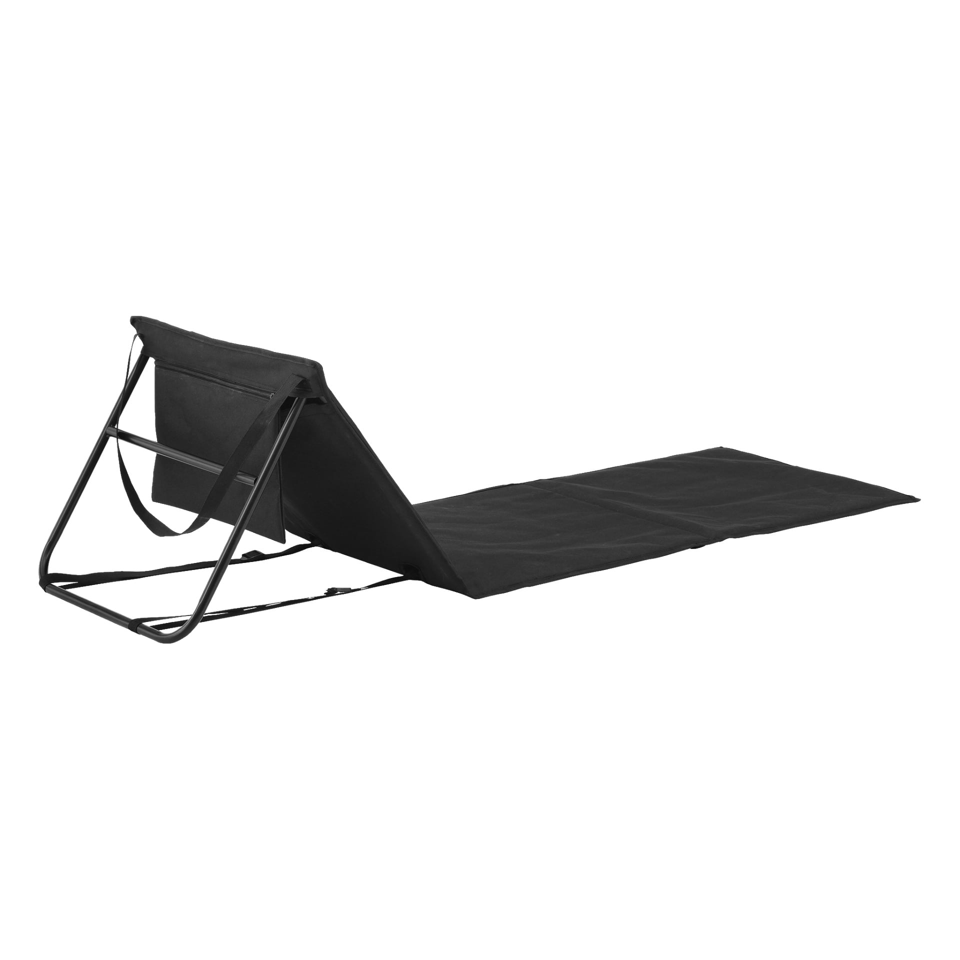 En svart Kayoba Beach Mat med integrerat hopfällbart ryggstöd och en förlängd matta, designad som en portabel golvstol för bekväm vila eller sitta på golvet.
