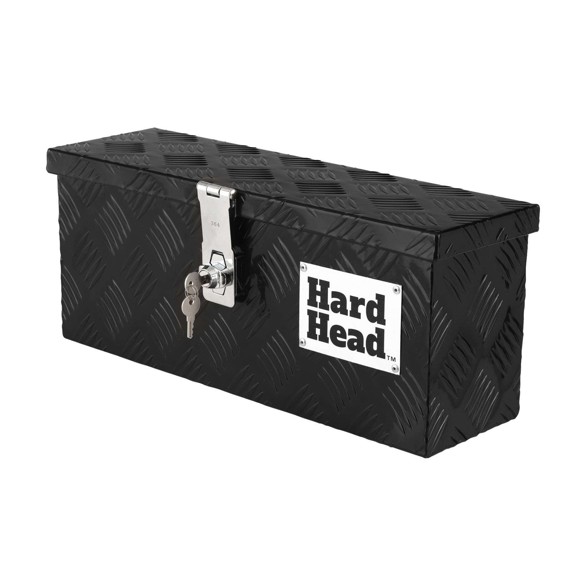 Hard Head -alumiinilaatikko, jossa on musta metallinen ulkokuori, koristeltu timanttikuviolla. Siinä on hopeinen lukko ja siihen liittyvät avaimet, ja etupuolella on Hard Head -logo.