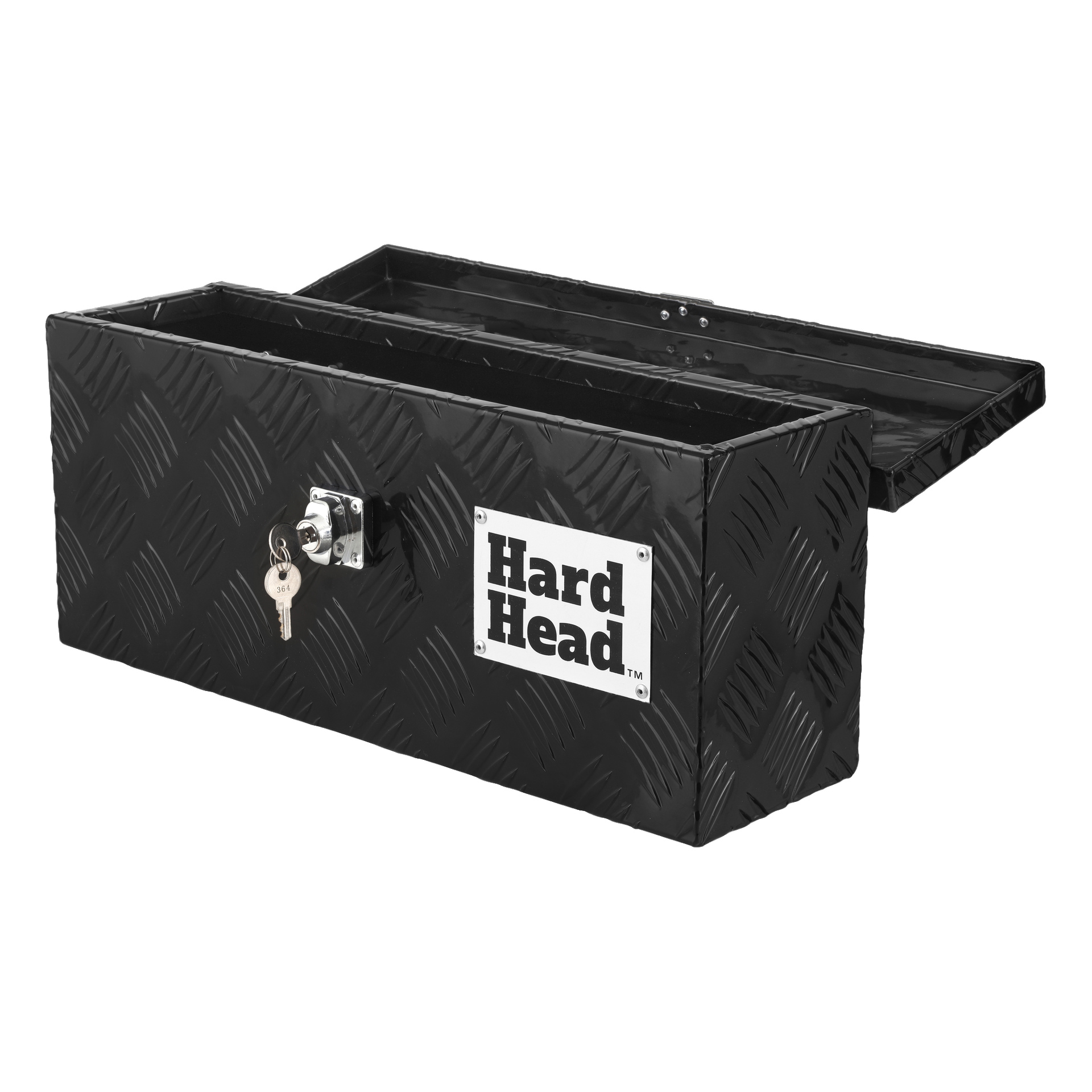 Musta alumiininen Hard Head -laatikko, jossa on timanttipintainen pinta, kansi auki ja lukossa on avain ja etupuolella valkoinen etiketti, jossa on Hard Head -merkki.