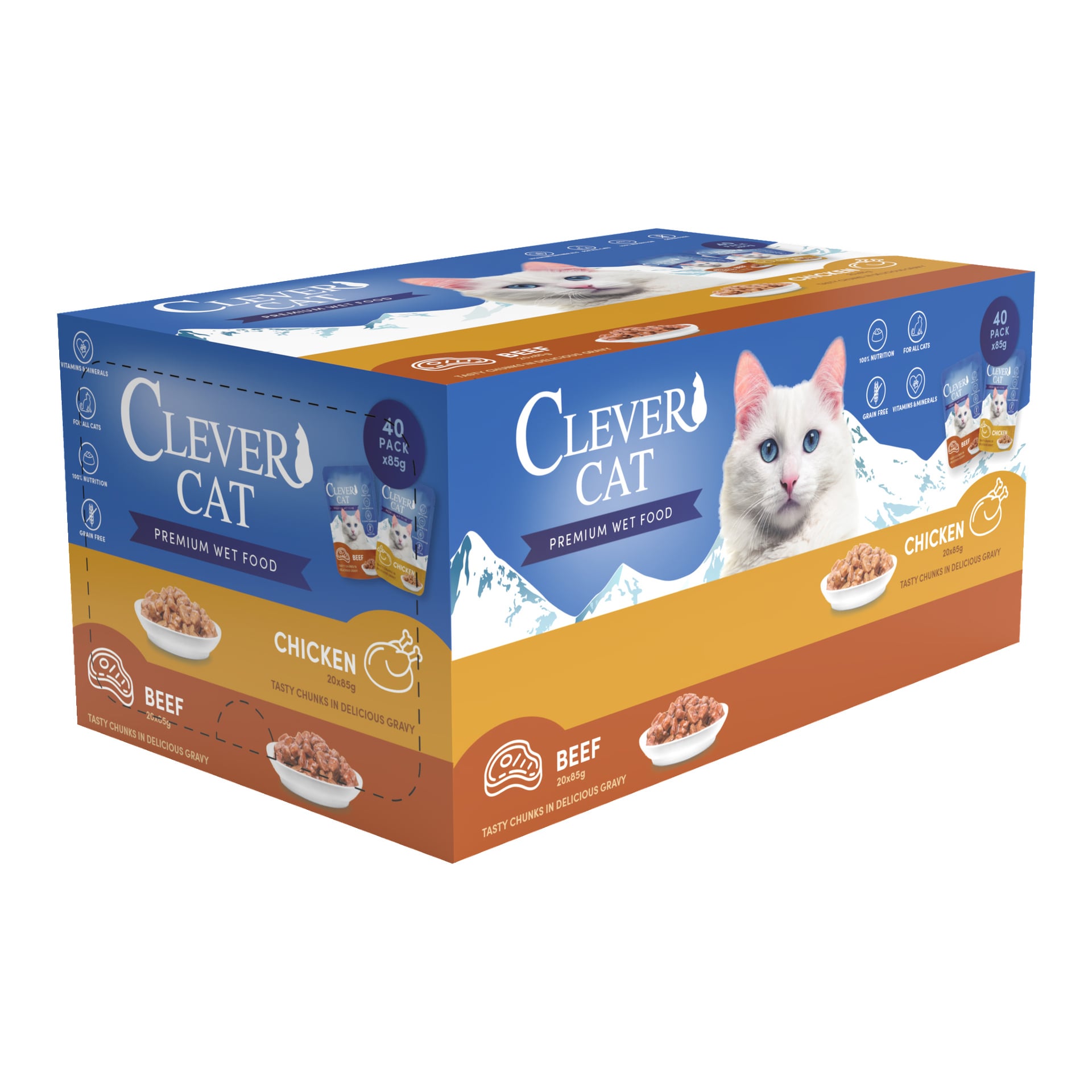 Ein 40er-Pack Clever Katzen-Nassfutter mit Hähnchen- und Rindergeschmack in 85-g-Portionen. Die Box zeigt eine weiße Katze, Bilder des in Schalen servierten Essens und Details zum Produkt.