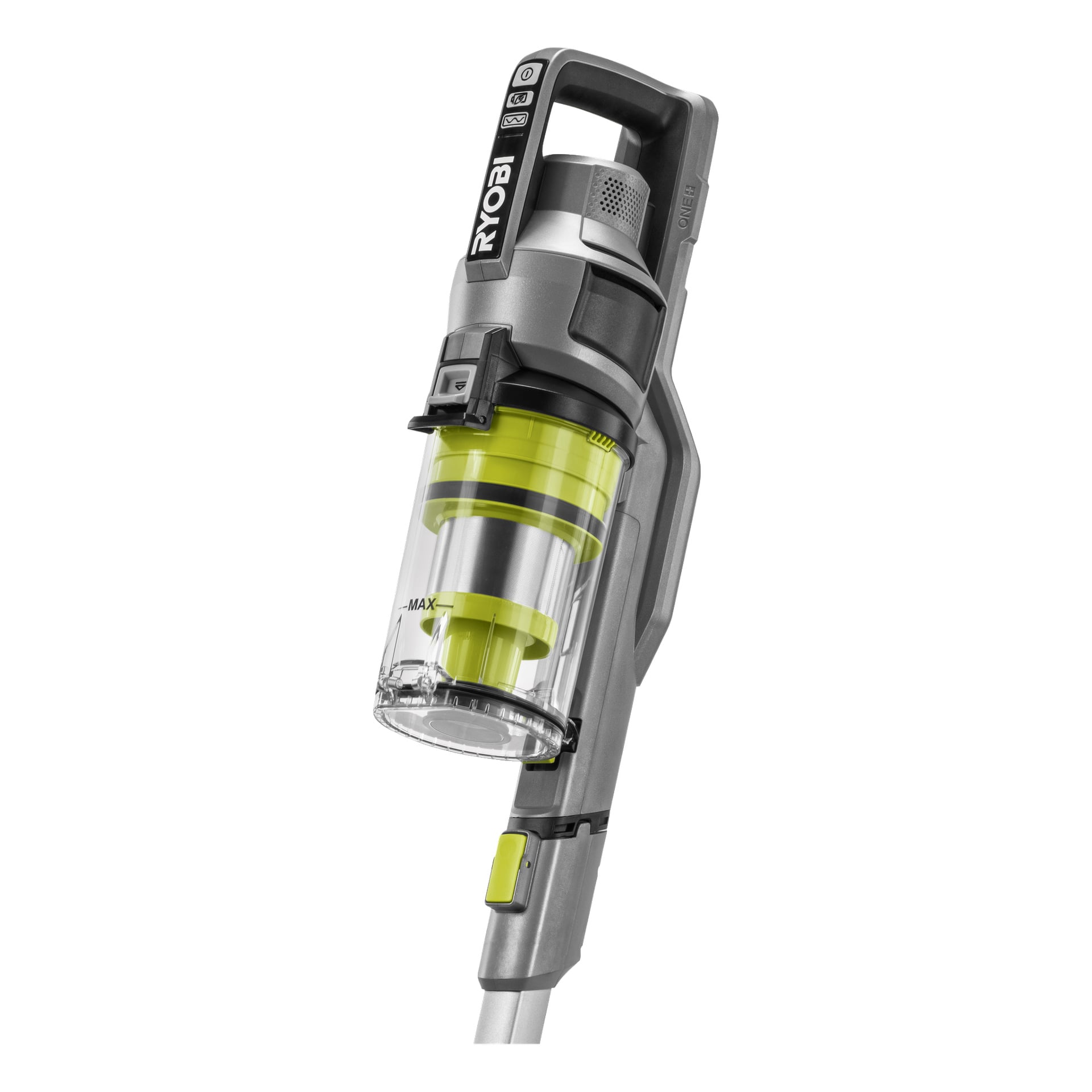En grå og limegrønn Ryobi One+ Upright Vacuum Cleaner RSVS18-0 står oppreist, med kontrollknapper og en klar støvbeholder med en "MAX" fyllingsindikator.