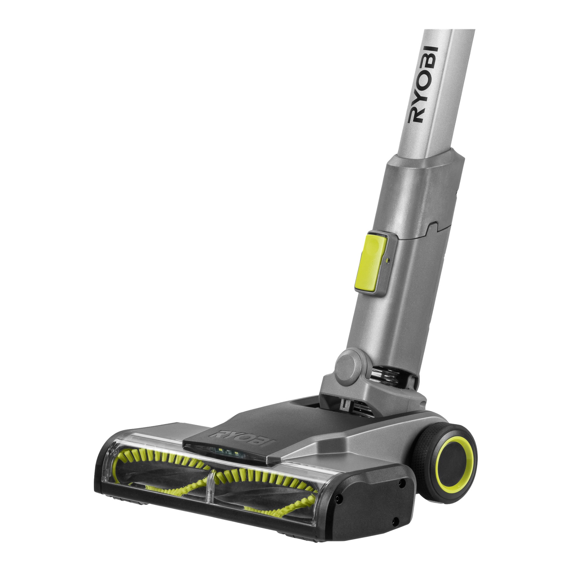 Et nærbilde av Ryobi One+ Upright støvsugerens RSVS18-0-hode, med synlig børste og gule detaljer, koblet til en sølvfarget aksel.