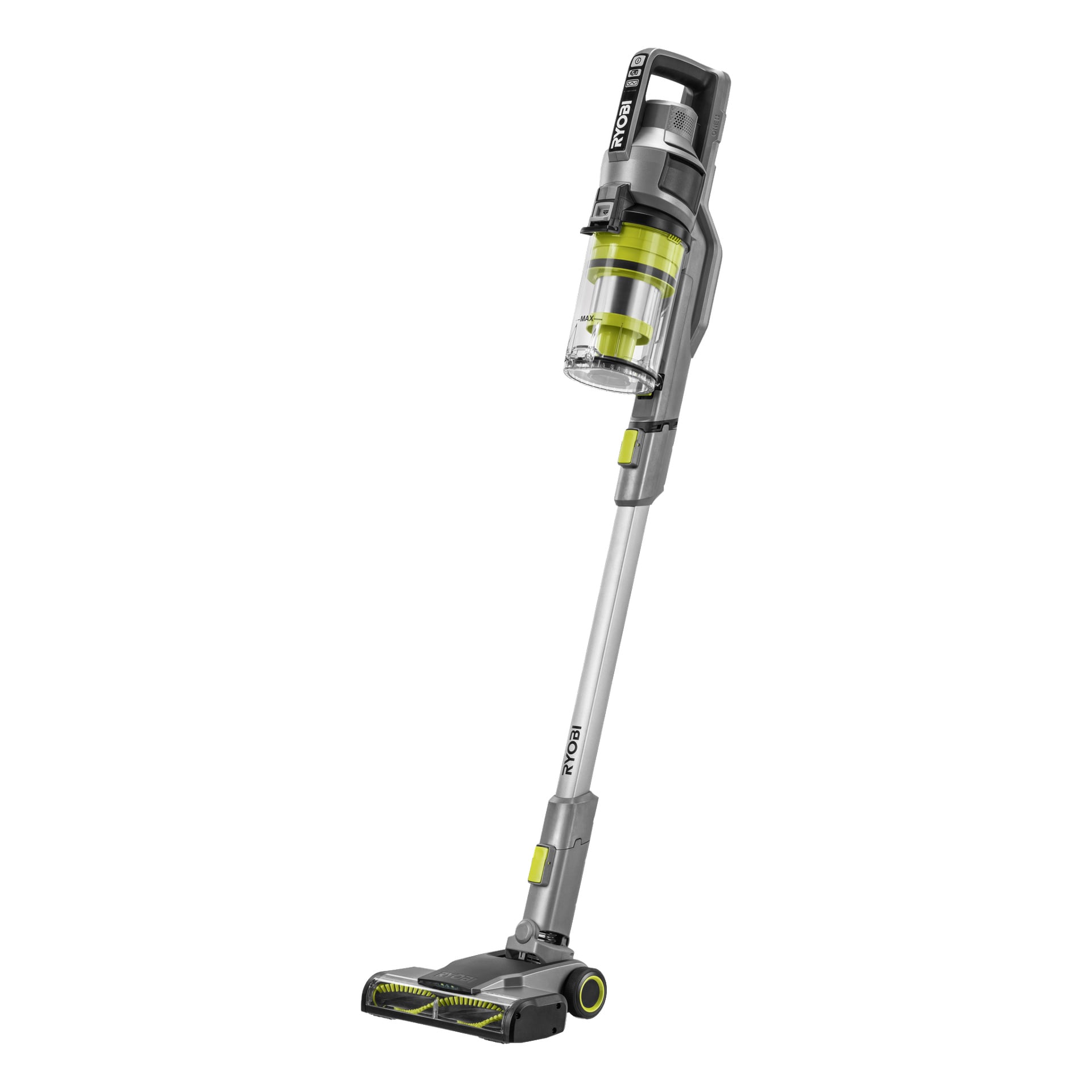 En Ryobi One+ RSVS18-0 trådløs oppreist støvsuger med klar støvbeholder og grå og limegrønne detaljer. Ryobi One+-logoen vises på håndtaket og sugehodet mens støvsugeren står oppreist.