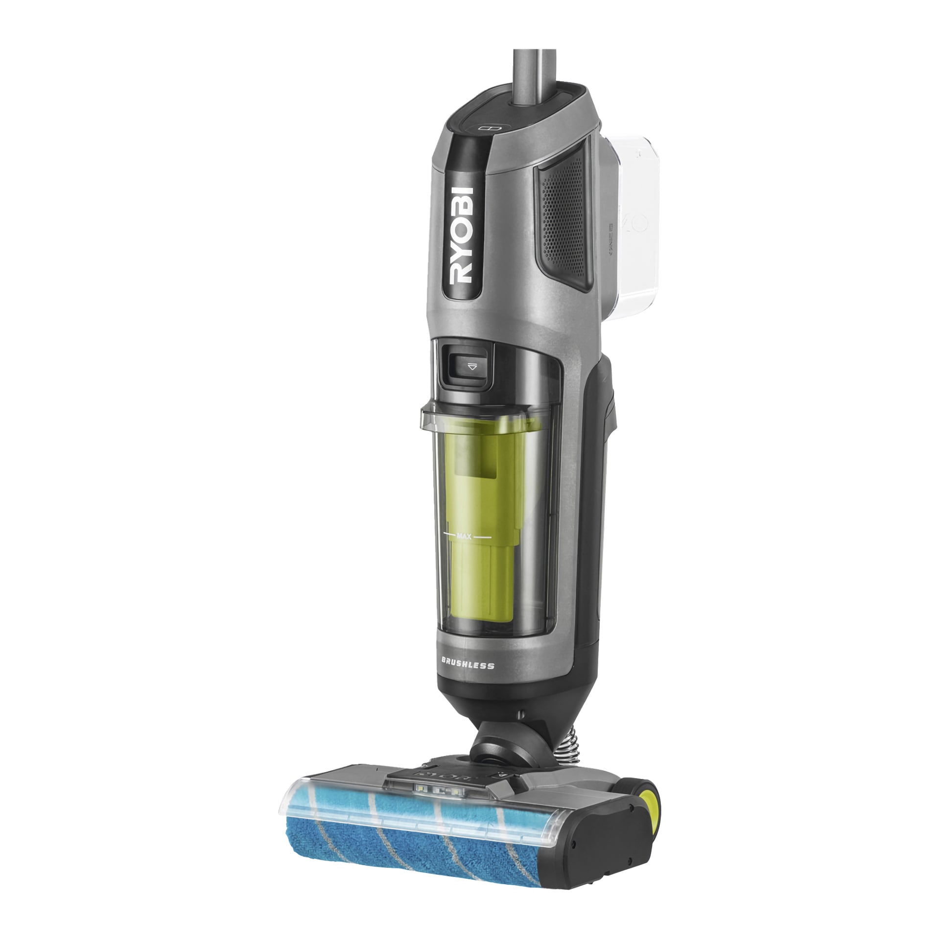 Ryobi One+ Upright Vacuum Cleaner 3-i-1 med Moppfunksjon RHFC18BL-0 er en trådløs modell med en klar grønn søppelkasse og et blått rullebørstehode, som viser RYOBI-logoen tydelig på fronten. Støvsugeren står oppreist.