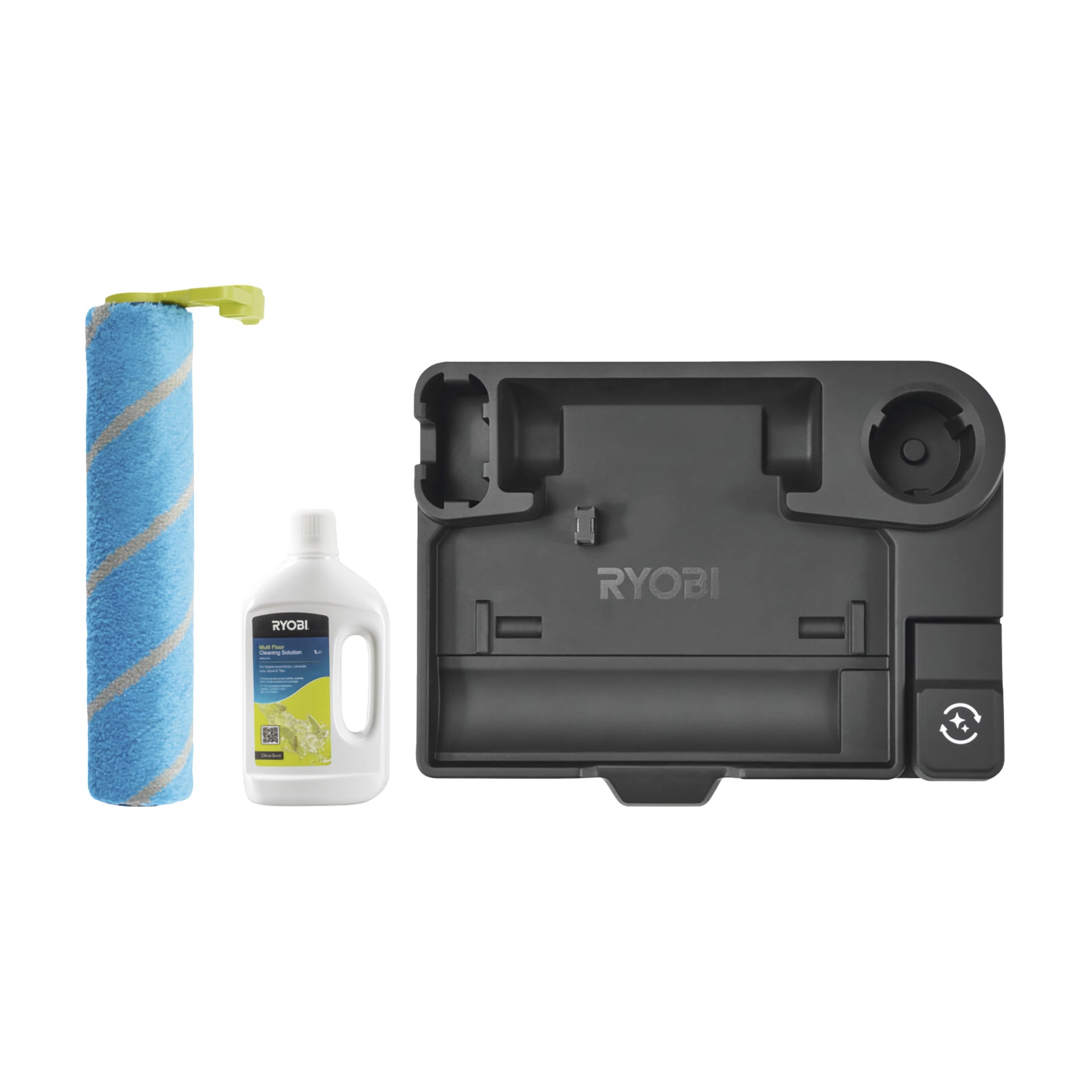 En blå og hvit Ryobi One+ Upright Støvsuger 3-i-1 med moppfunksjon (RHFC18BL-0), en flaske Ryobi rengjøringsmiddel og en svart Ryobi rengjøringsstasjon står plassert ved siden av hverandre.