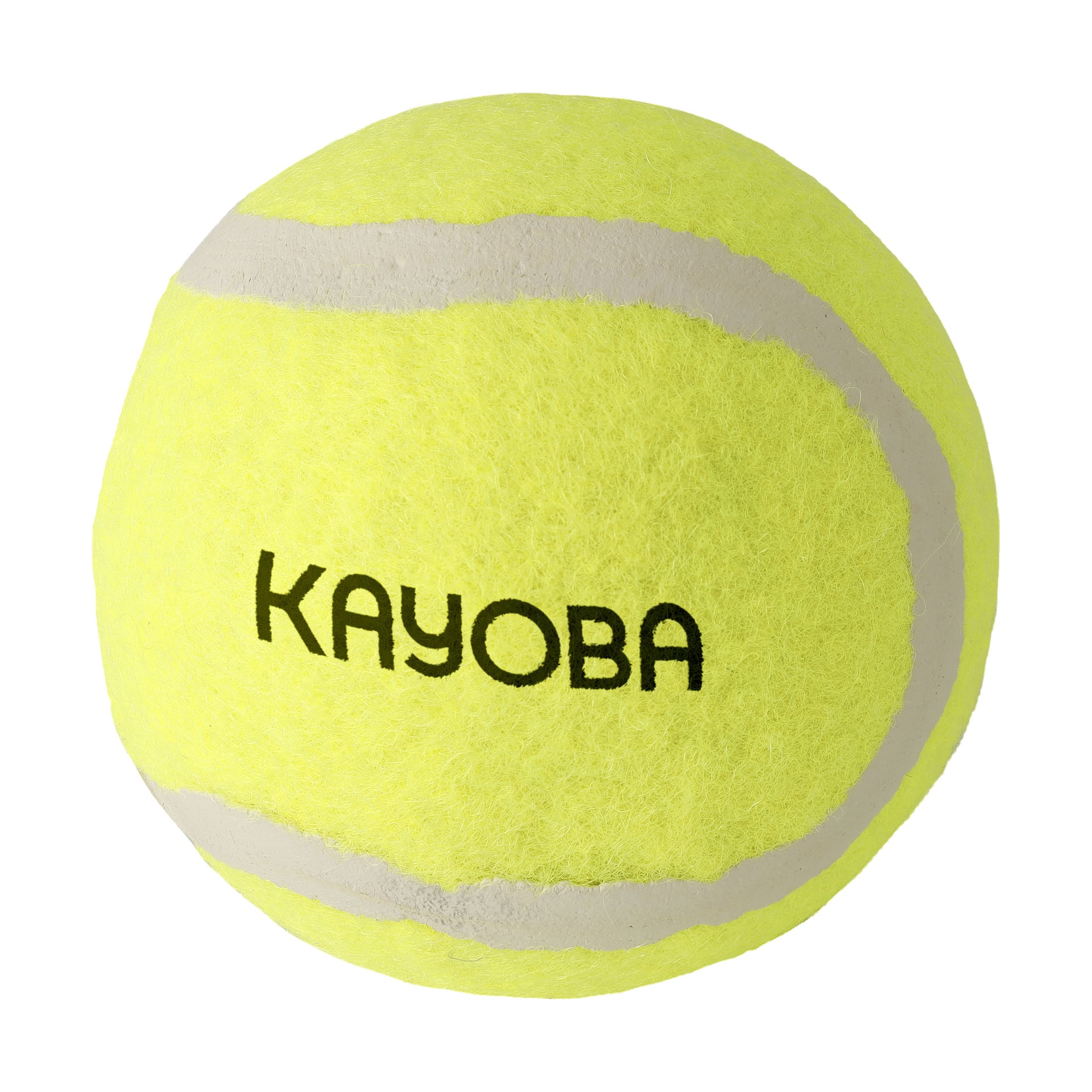 En gul tennisball fra Kayoba Tennis balls 4-pack har et hvitt buet sømmønster og merkenavnet "Kayoba" trykt i svart på overflaten.