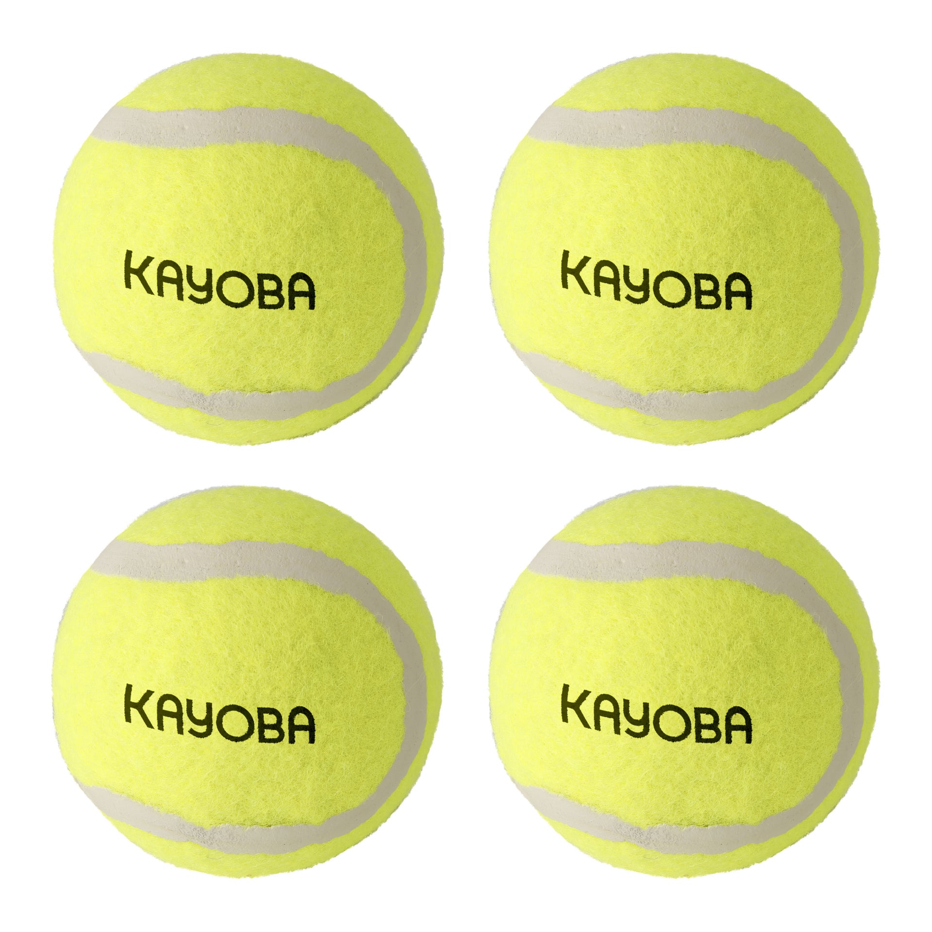 Fire gule Kayoba-tennisballer med grå buede linjer og Kayoba-merket trykket i svart, organisert i et to-til-to rutenett.