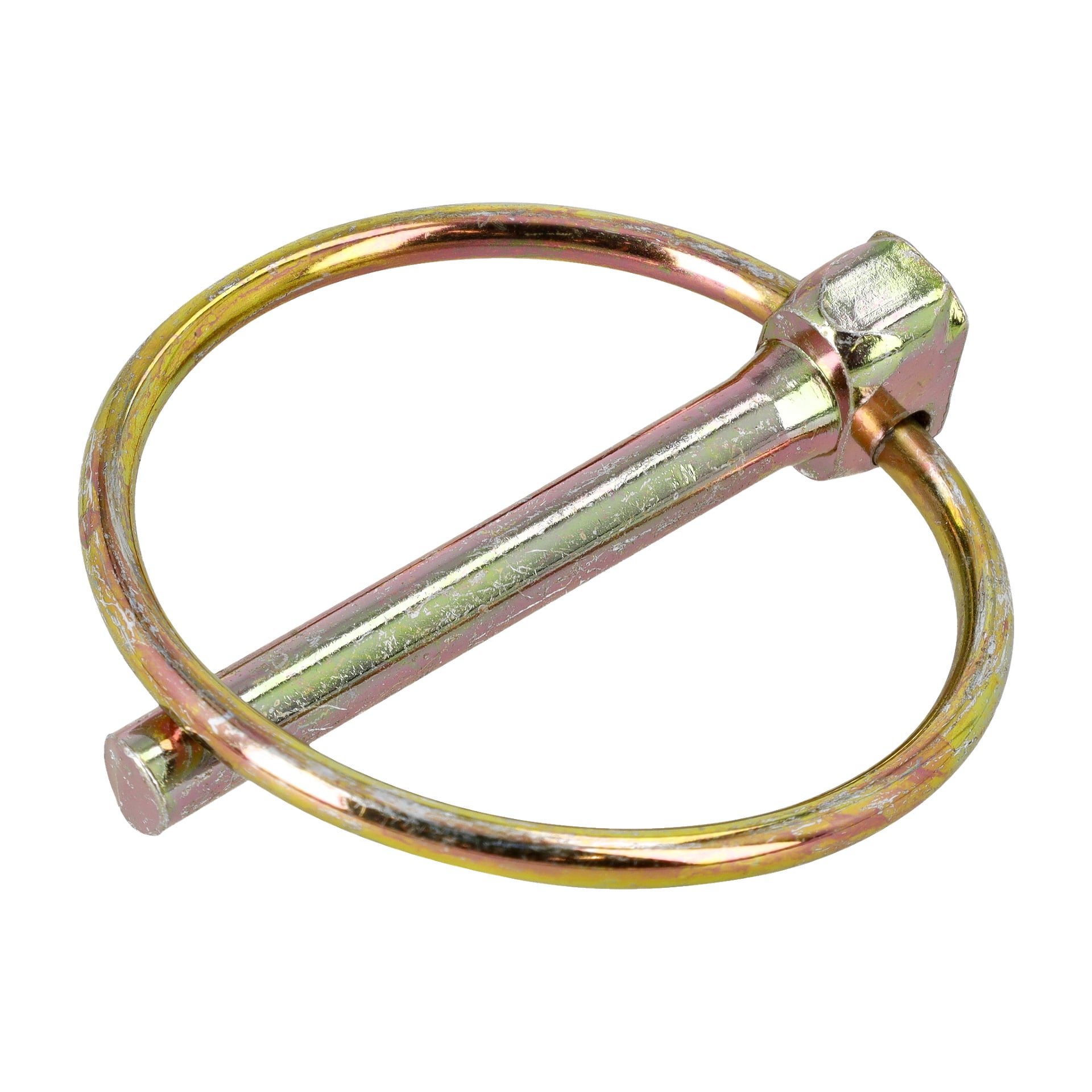 Nærbilde av en 4,5 cm rund pinne, en solid metallnøkkel med en sirkulær fjærlås, brukt til å sikre aksler eller aksler.