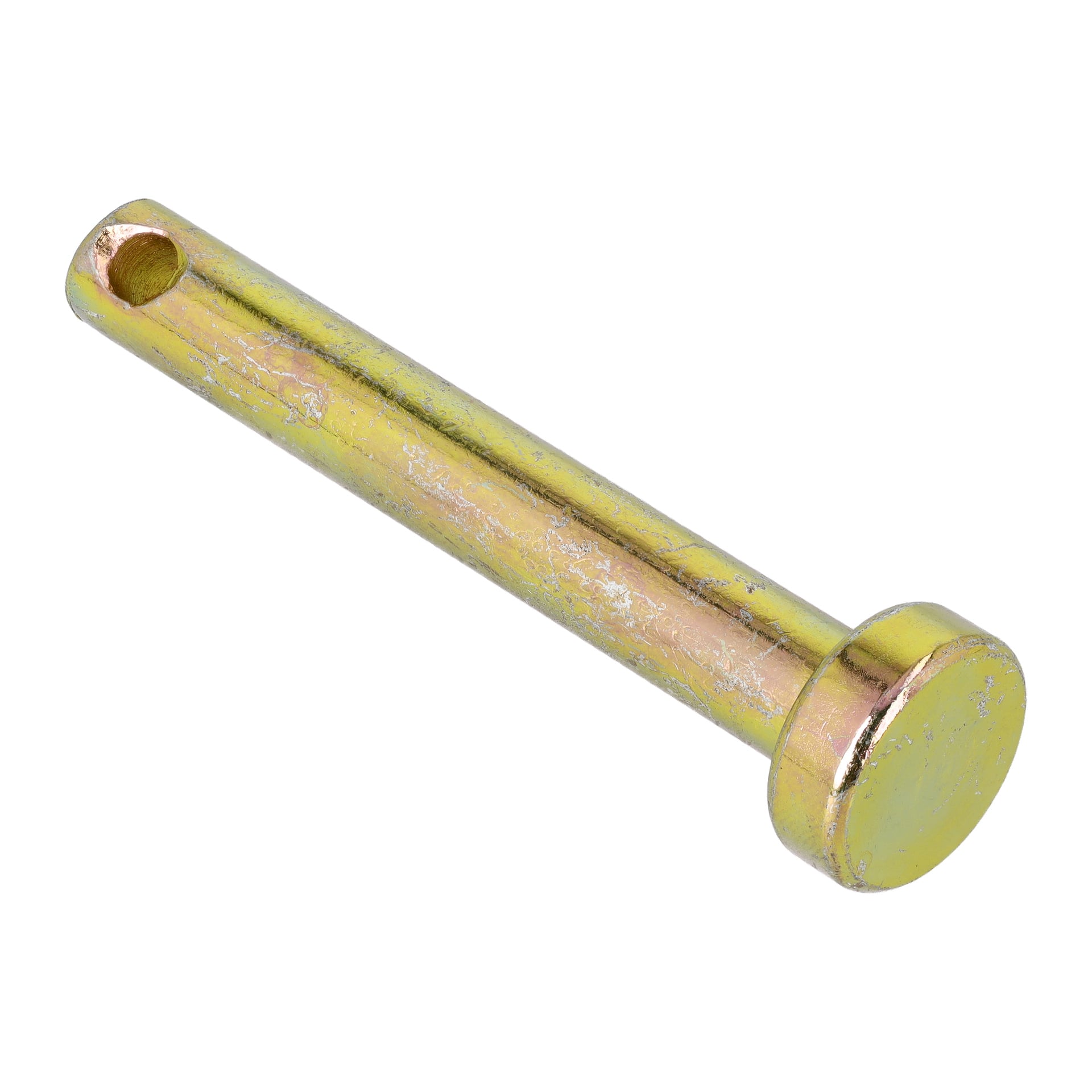 Straight Pin 8Cm är en metallstift med ett runt huvud och ett hål i ena änden, som visar repor och lätt missfärgning.