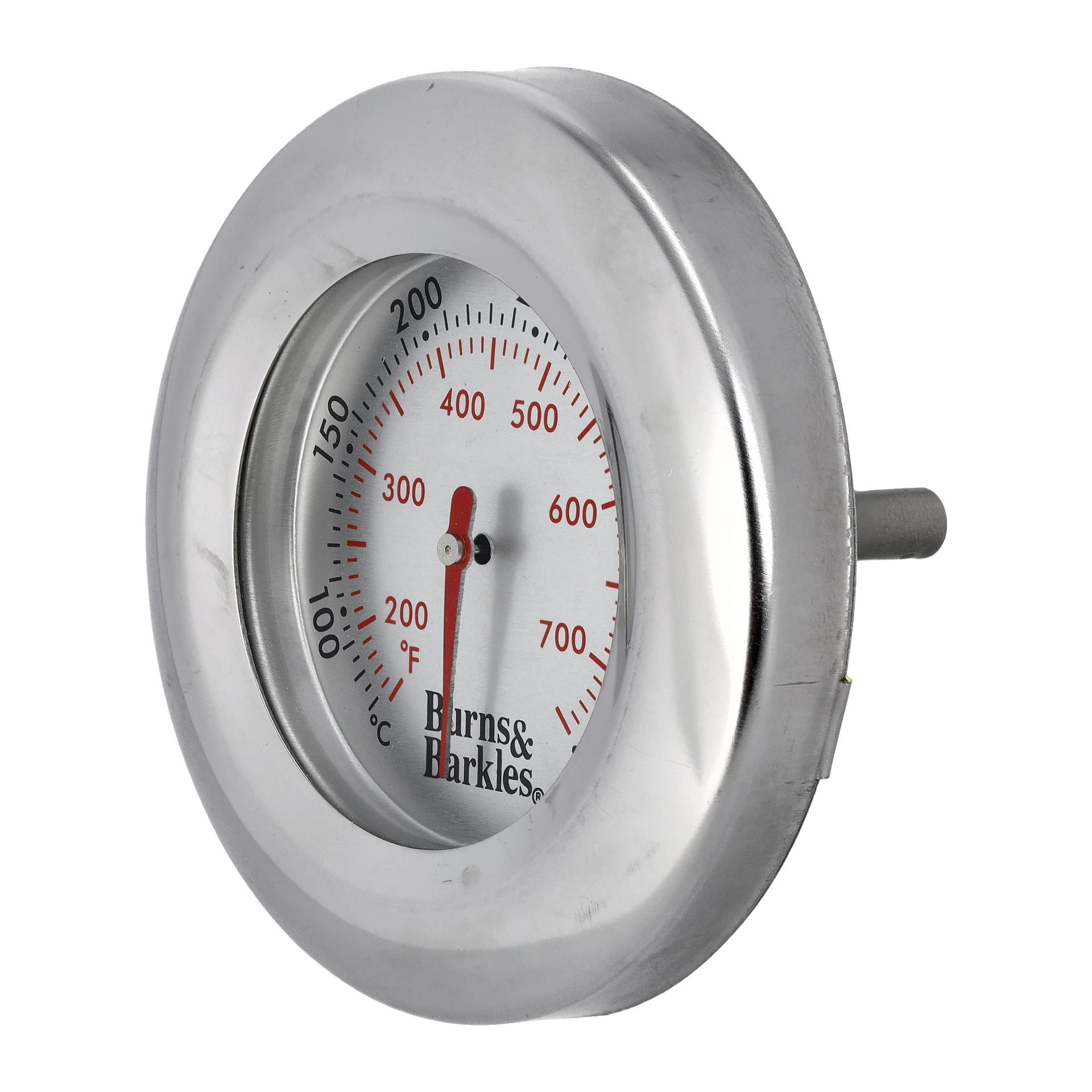 En metallratt på Thermometers kolgrill visar 100°F–700°F, röd nål vid ~190°F, med Burns & Barkles längst ner.
