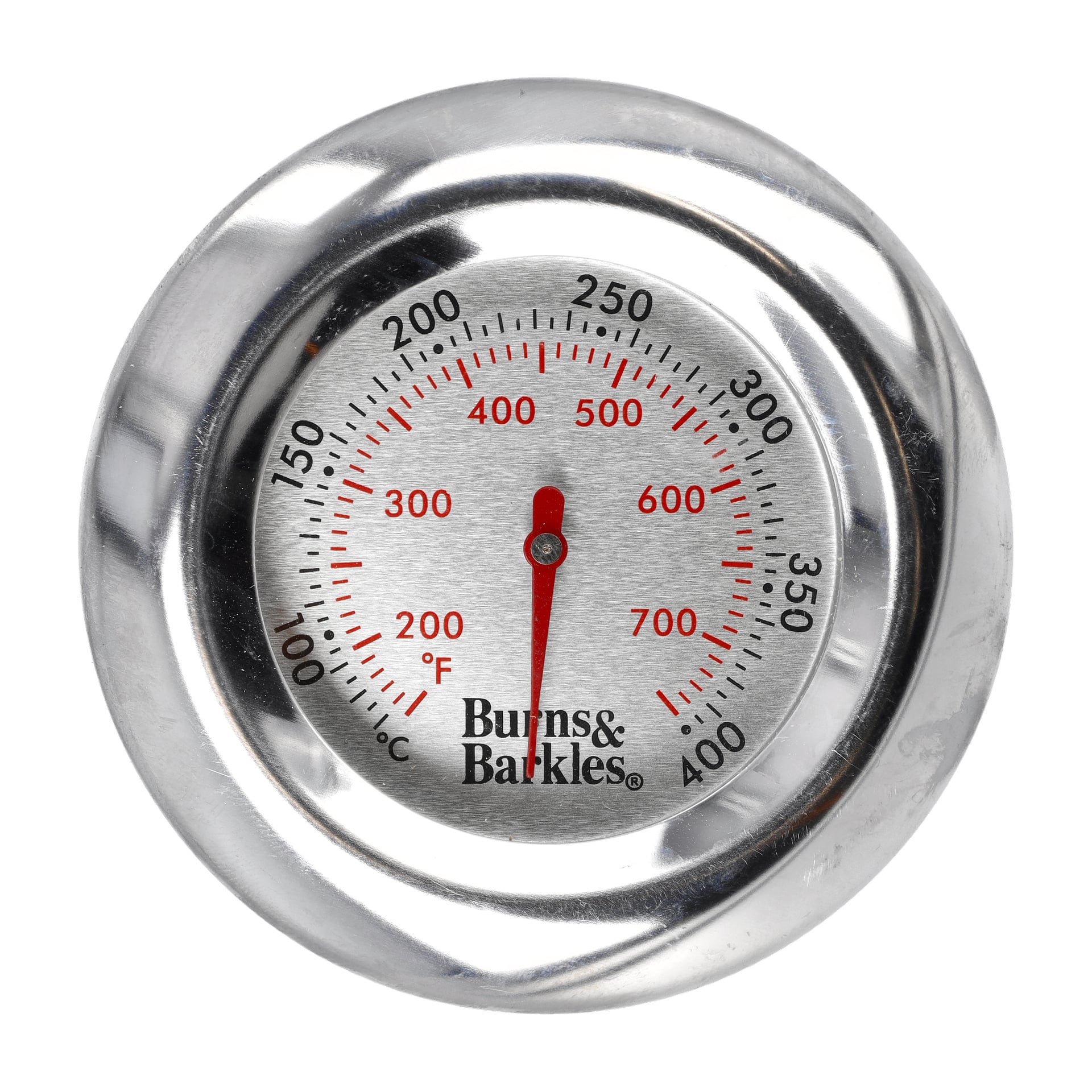 En rund metalltermometer med en röd nål vid 400°F, markeringar från 100-400°F och "Burns & Barkles" på botten.