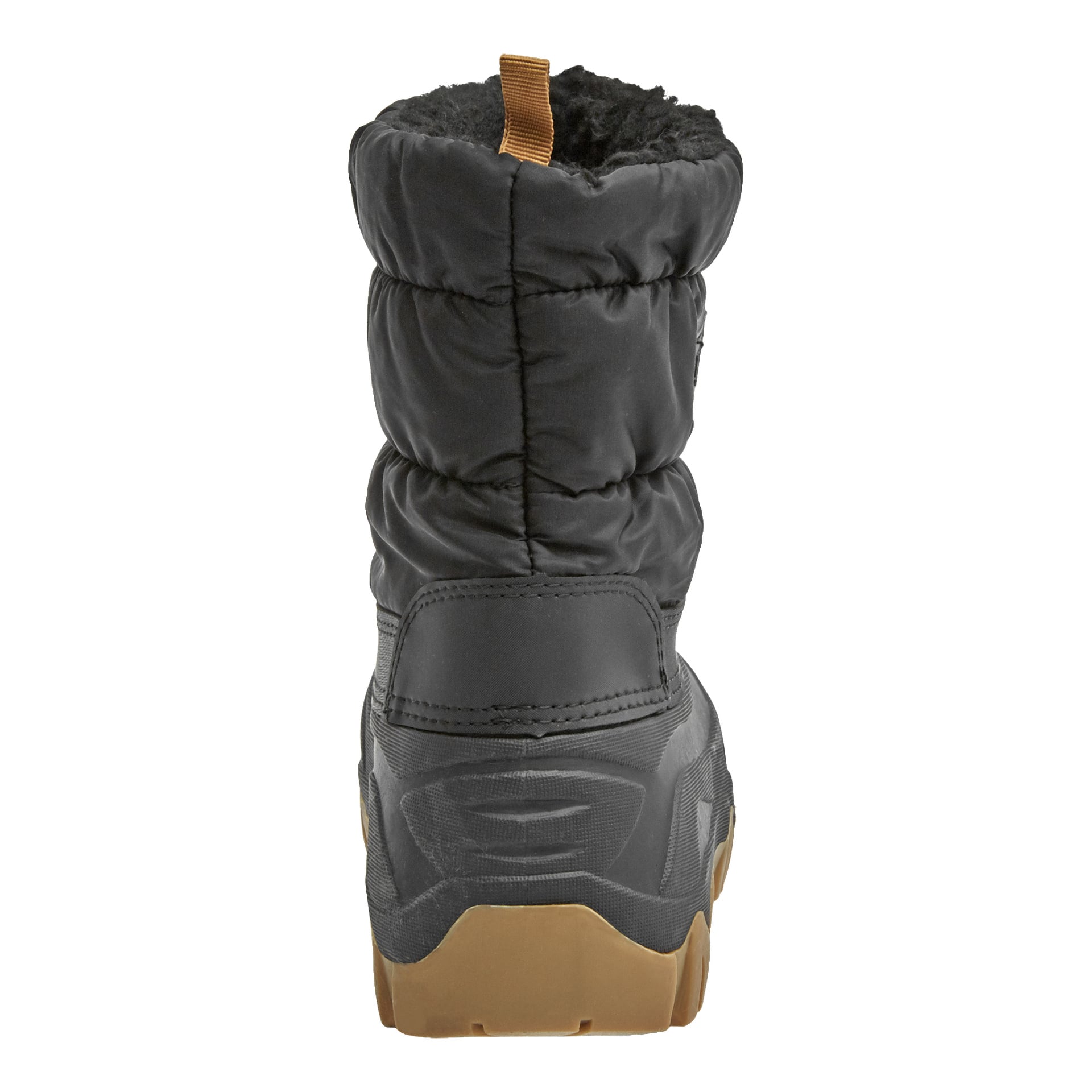 Kayoba Outdoor Children's talvikengät näkyvät takaa, korostaen mustaa väriä vaaleanruskealla pull-tabilla, tukevilla kumipohjilla, teksturoidulla korolla ja tikatulla yläosalla. Saappaissa on eristetty ulkonäkö, joka tarjoaa lisälämpöä ja suojaa kylmällä säällä.