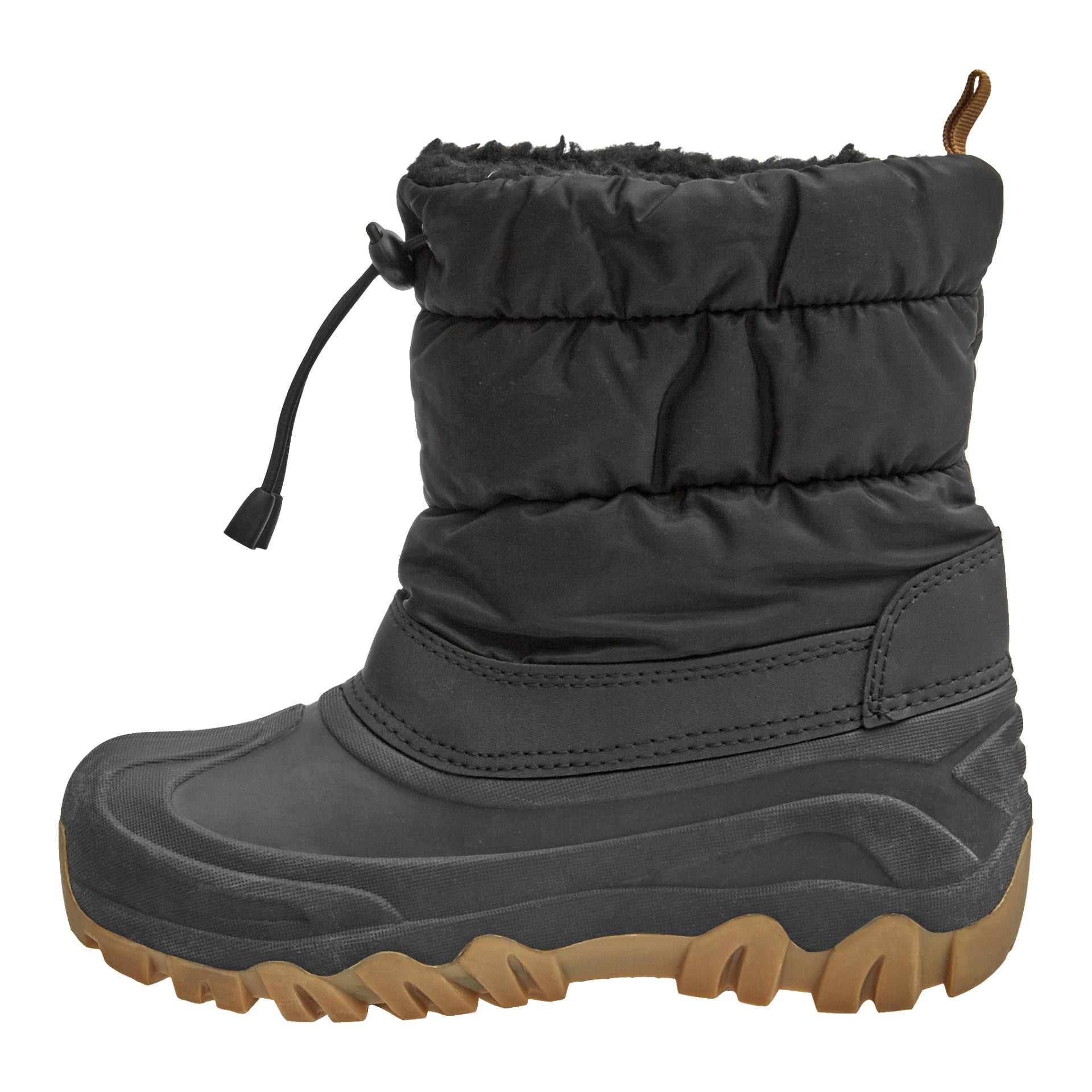 Kayoba Outdoor Children's talvikengän sivusta näkyy sen musta tikattu päällinen, kumipohja ruskealla telaisella ja säädettävä nyöri yläosassa.