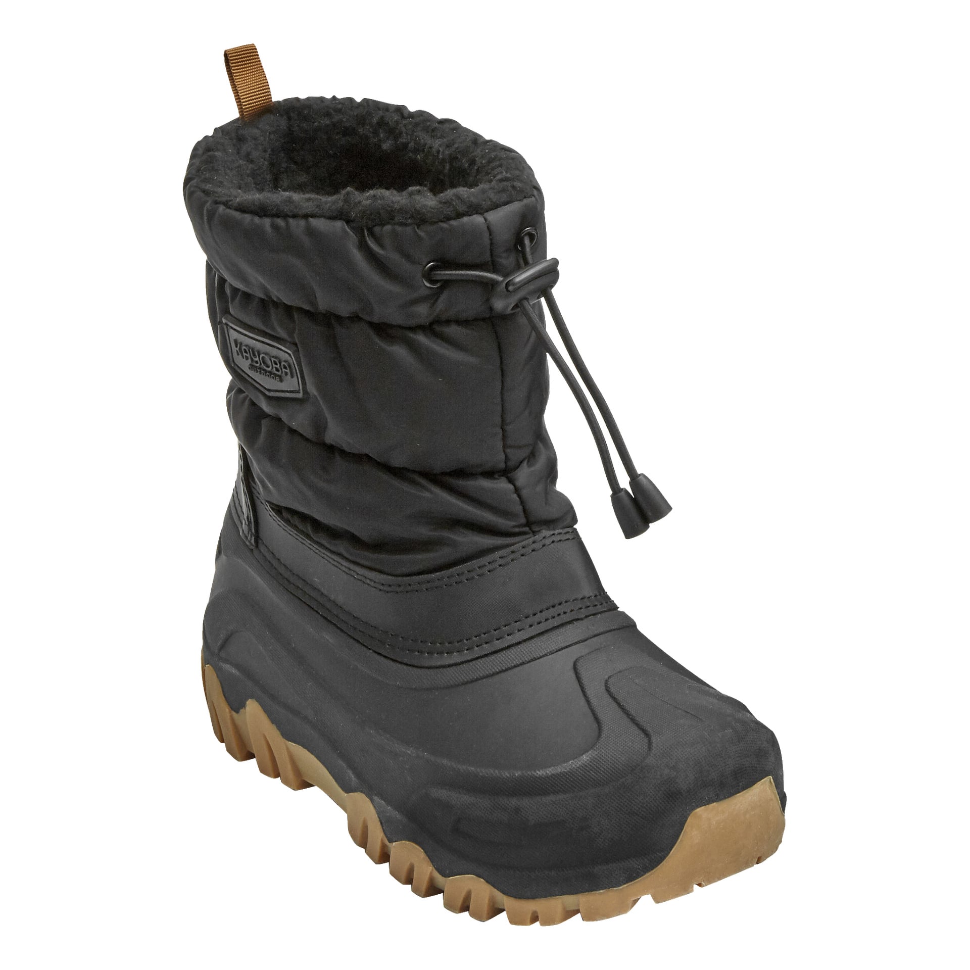 Kayoba Outdoor Children's vinterstövlar är svarta med isolerade insidor, robusta gummisulor med beige grepp och en dragsko upptill för säker stängning. Dessa stövlar är byggda för vintern och erbjuder pålitlig värme och skydd i kalla förhållanden.