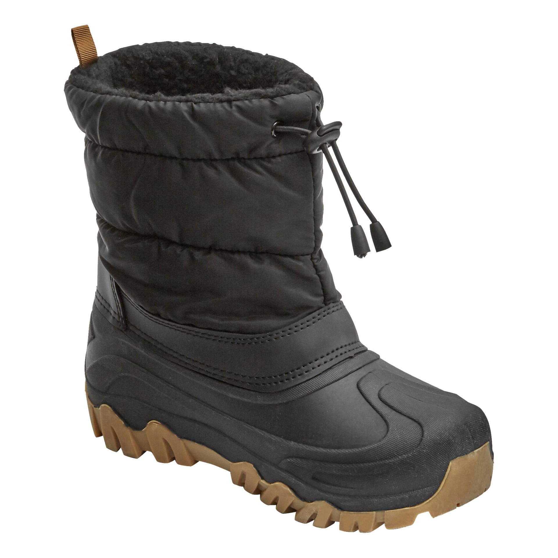 Czarne zimowe buty Kayoba Outdoor dla dzieci, prezentujące pikowaną cholewkę, grubą gumową podeszwę z brązowym bieżnikiem, izolowaną podszewkę oraz zapięcie na sznurek u góry dla większego bezpieczeństwa.
