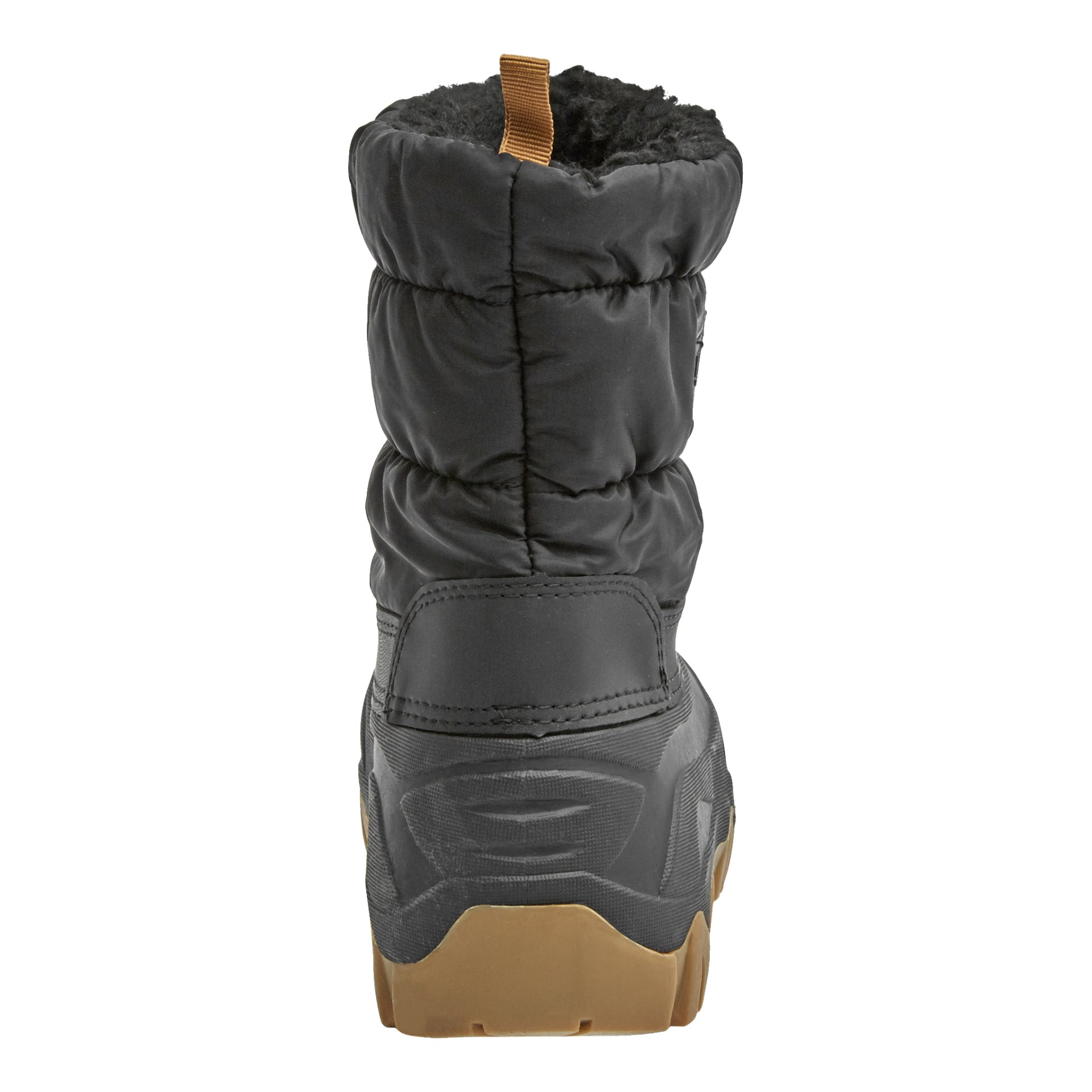 Czarne zimowe buty Kayoba Outdoor Children's pokazane są od tyłu, z brązową zaczepką na górze oraz puszystym pikowanym przeszyciem na trzone. Gruba gumowa podeszwa ma brązowy bieżnik, a wnętrze wyłożone jest miękkim materiałem dla wygody.