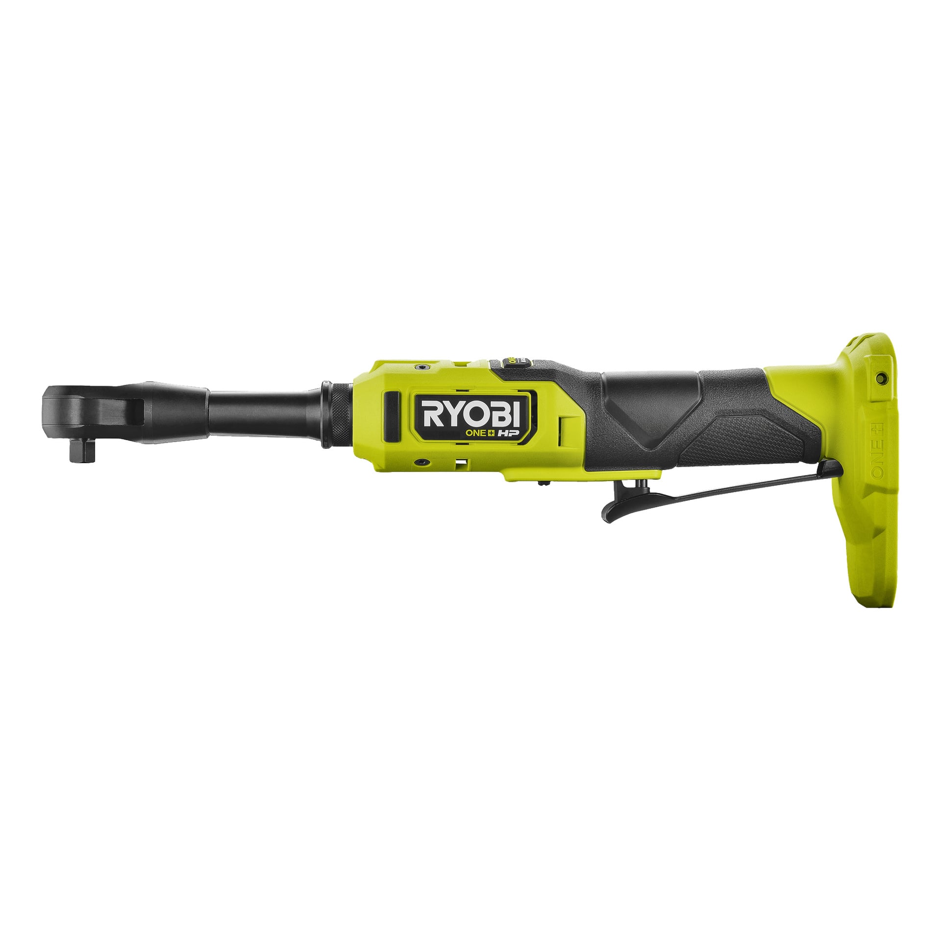 Ryobi One+ HP zasilany baterią z uchwytem grzechotki RRW1838X-0 jest pokazany z boku, z zielono-czarnym chwytem, widocznym znakiem oraz otwartym otworem na baterię u podstawy uchwytu.