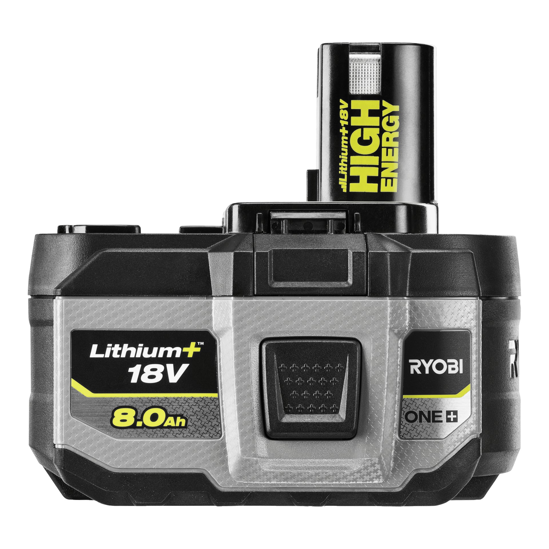 Ett Ryobi One+ Battery High Energy RB1880T står upprätt. Etiketten lyder "HIGH ENERGY," "Lithium+ 18V" och "ONE+." Batteriet har en grå kropp med svarta och gula detaljer.
