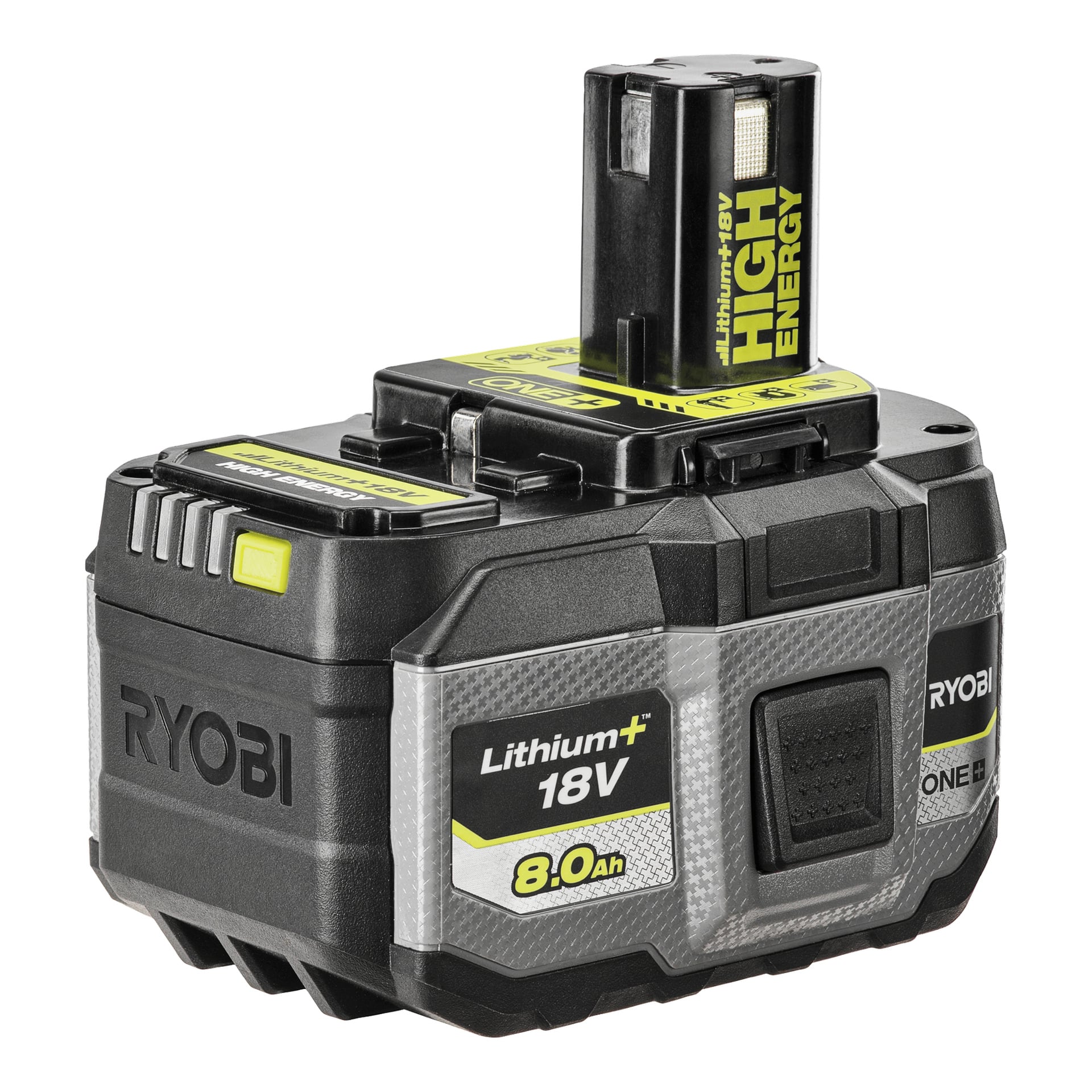 En Ryobi One+ batteri högenergi RB1880T är vinklad för att visa etiketter med texten "Ryobi", "18V", "8.0Ah" och "Lithium+."